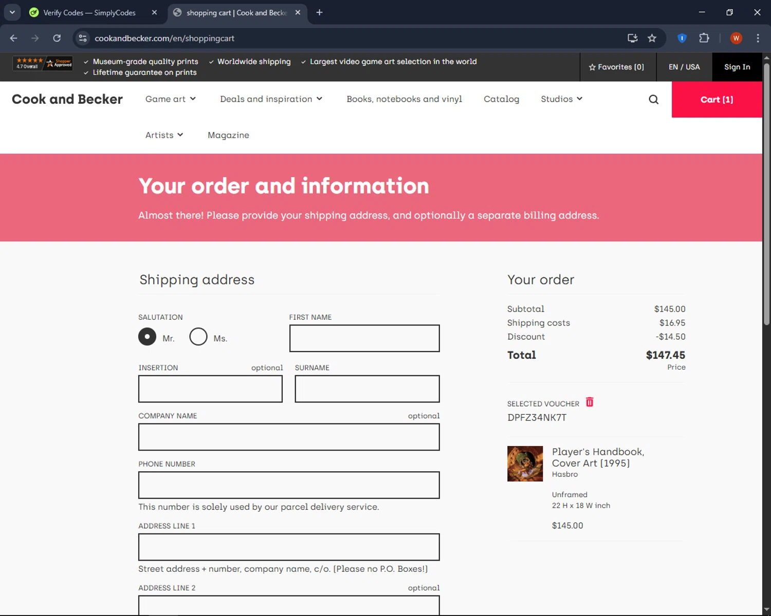 Cook & Becker checkout page showing Cook & Becker promo code box | Screenshot taken by SimplyCodes community member on Apr 21, 2025