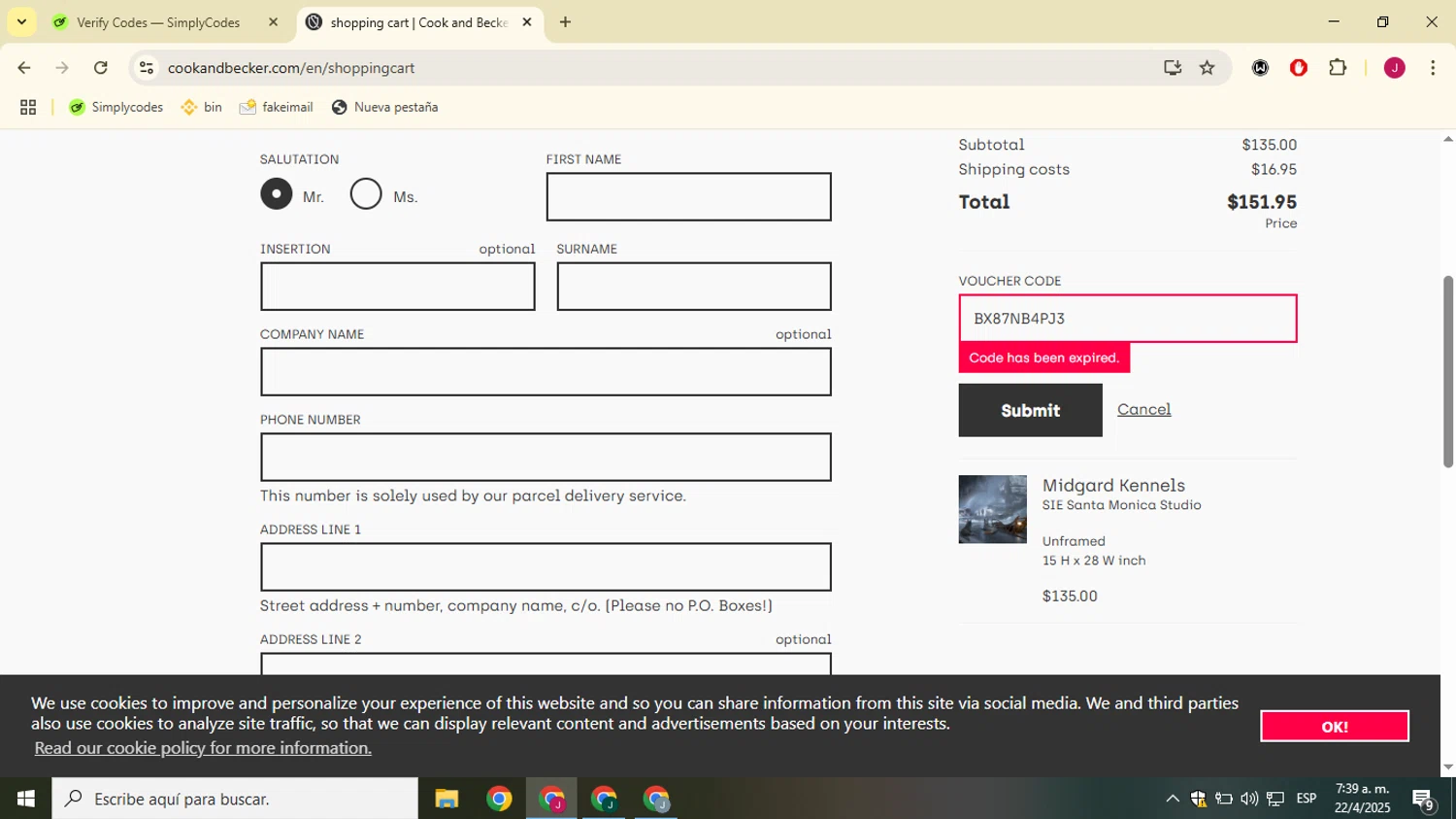 Cook & Becker promo code screenshot showing code BX87NB4PJ3 applied at Cook & Becker checkout page. Uploaded by SimplyCodes community member SavvyChaser3144 on Apr 22, 2025