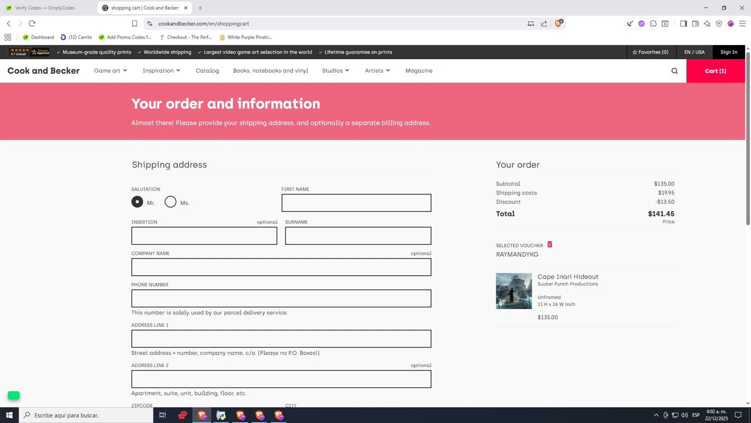 Cook & Becker promo code screenshot showing code RAYMANDYKG applied at Cook & Becker checkout page. Uploaded by SimplyCodes community member Nezukooo on Dec 22, 2025
