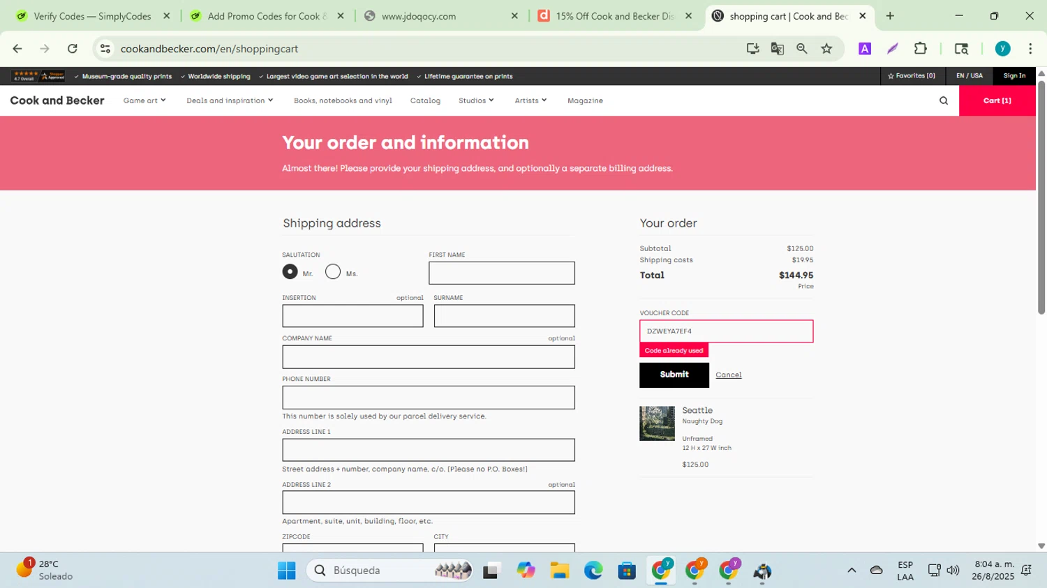 Cook & Becker promo code screenshot showing code DZWEYA7EF4 applied at Cook & Becker checkout page. Uploaded by SimplyCodes community member yadiracg074 on Aug 26, 2025
