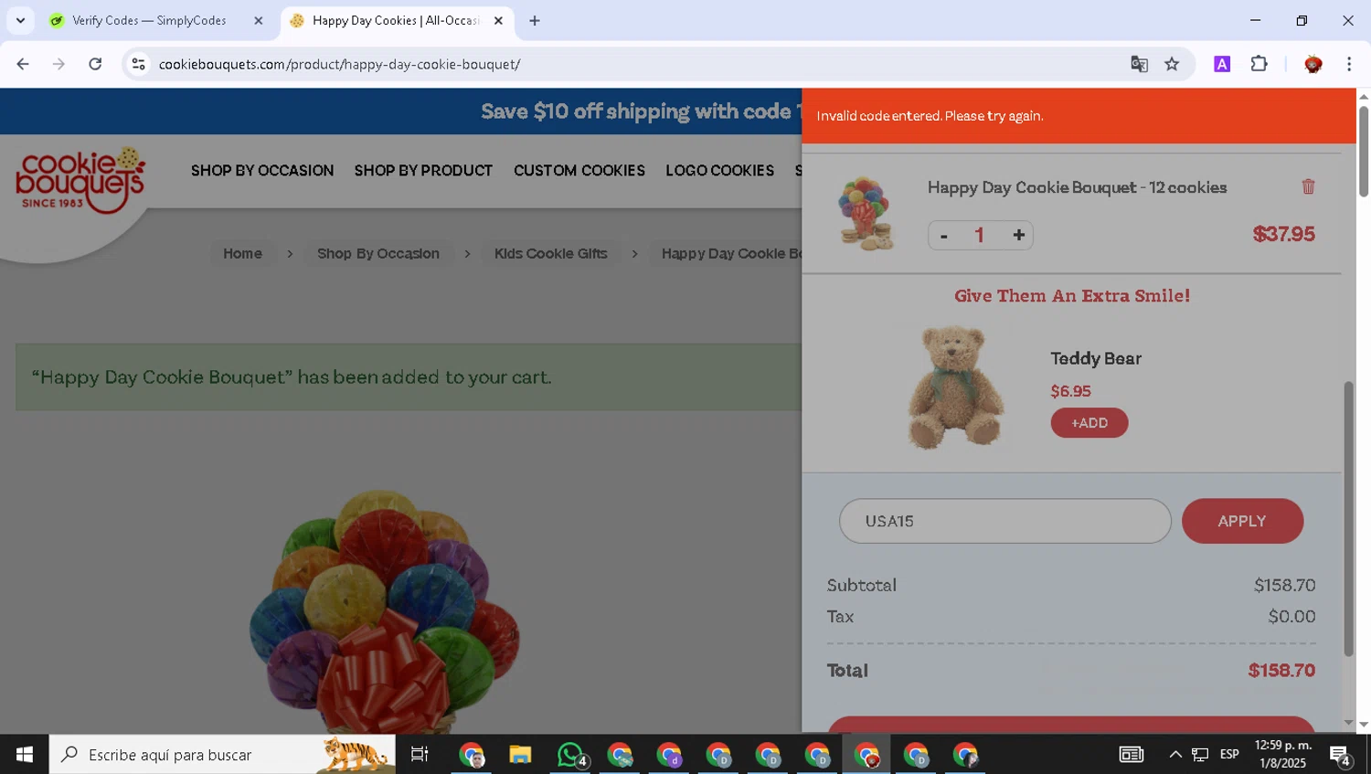 Cookie Bouquets coupon code screenshot showing code USA15 applied at Cookie Bouquets checkout page. Uploaded by SimplyCodes community member BonusVoyager7570 on Aug 1, 2025