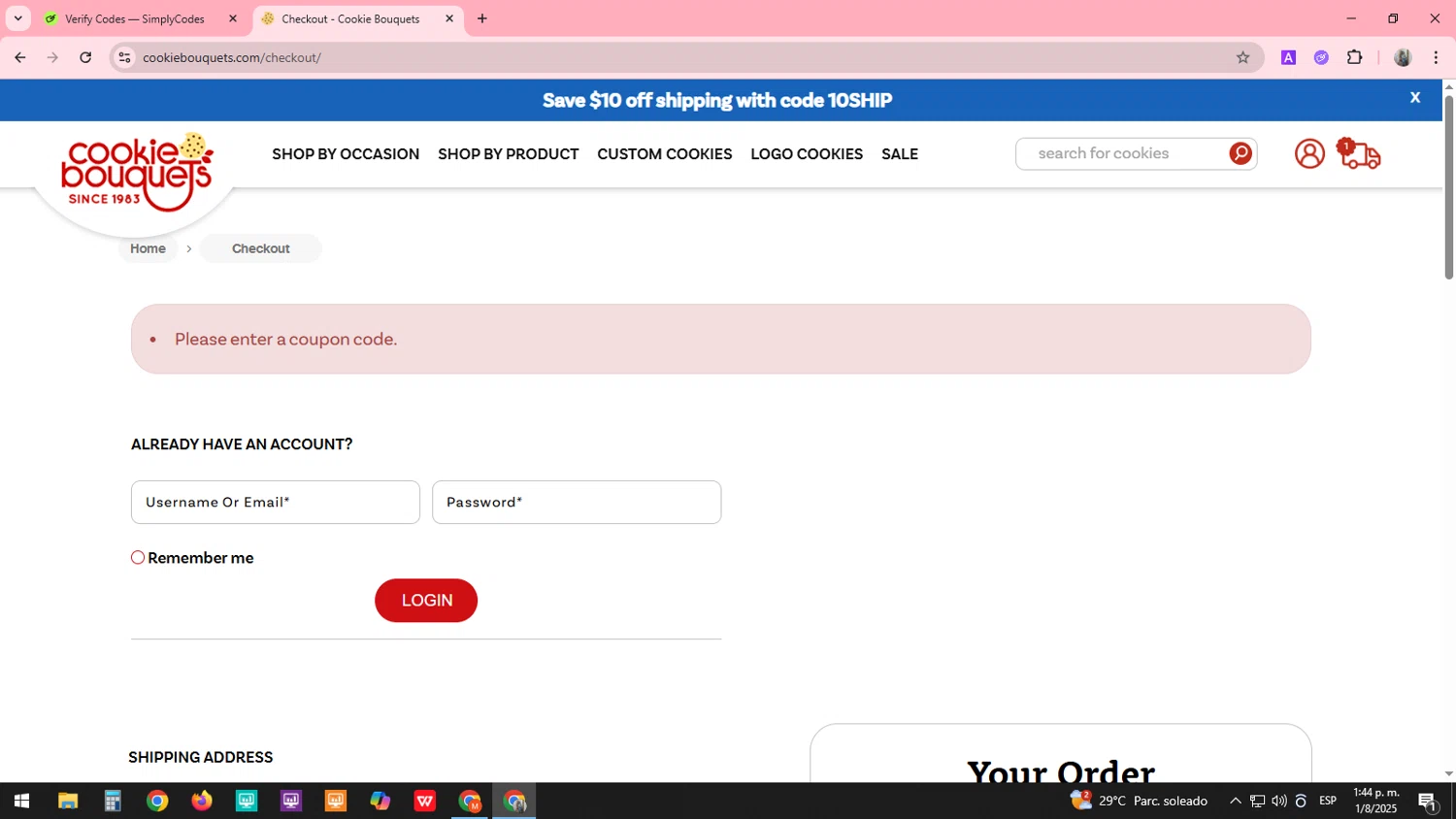 Cookie Bouquets coupon code screenshot showing code USA15 applied at Cookie Bouquets checkout page. Uploaded by SimplyCodes community member SARAI13 on Aug 1, 2025