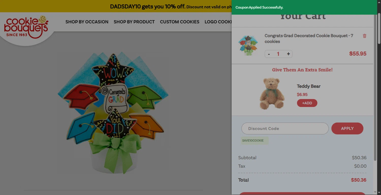 Cookie Bouquets coupon code screenshot showing code SAVE10COOKIE applied at Cookie Bouquets checkout page. Uploaded by SimplyCodes community member DiscountTracker247 on Jun 14, 2025