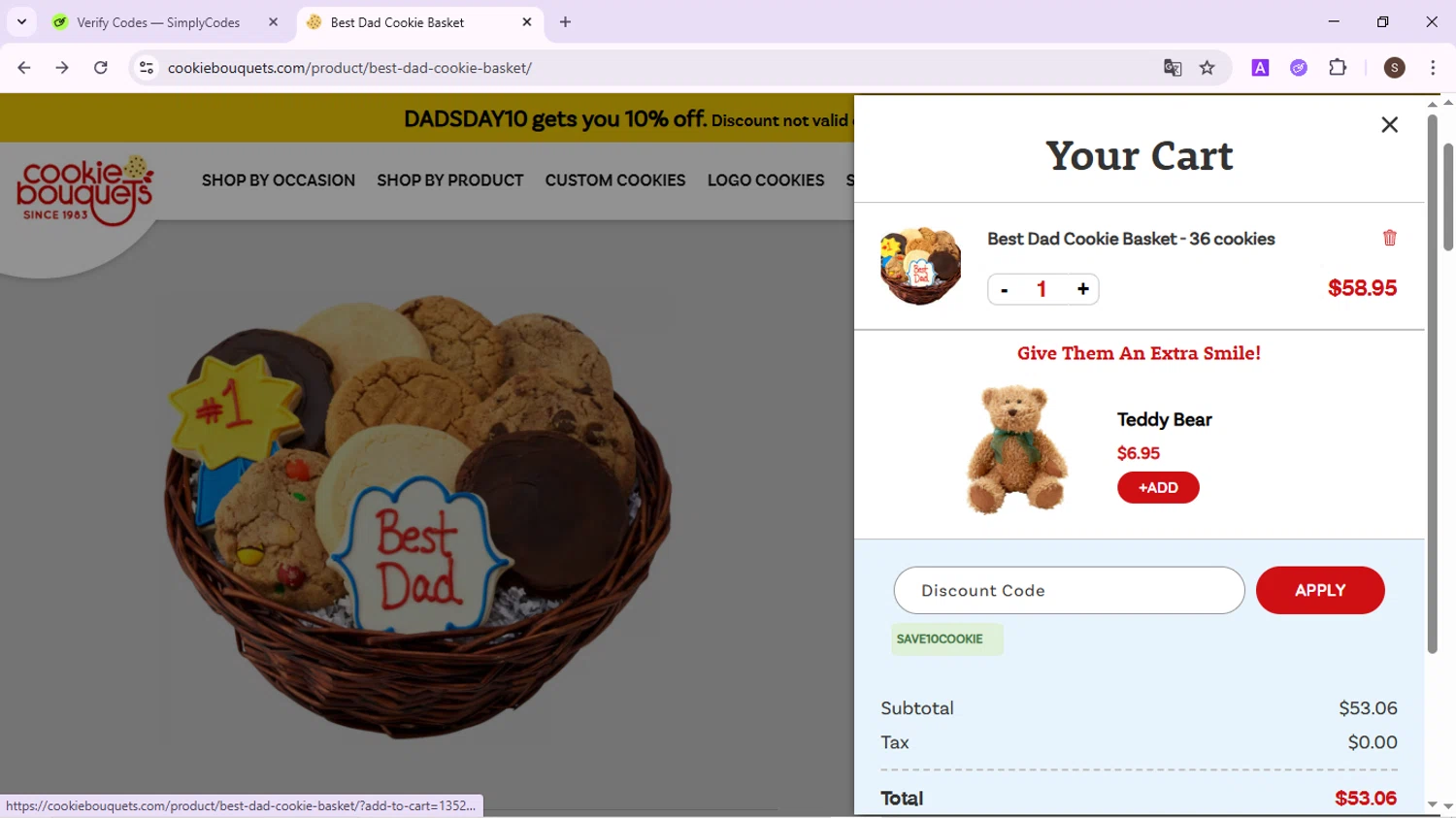 Cookie Bouquets coupon code screenshot showing code SAVE10COOKIE applied at Cookie Bouquets checkout page. Uploaded by SimplyCodes community member QuestPhoenix2794 on Jun 7, 2025