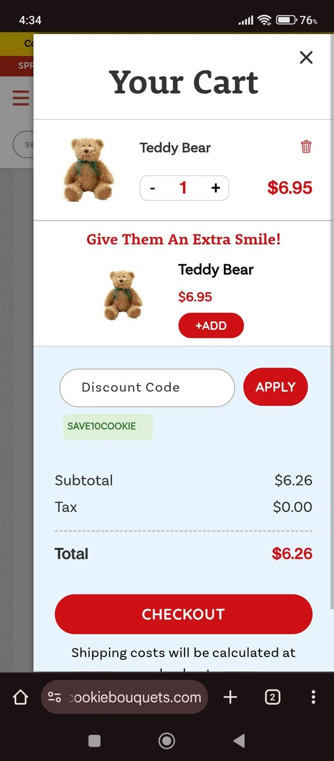 Cookie Bouquets coupon code screenshot showing code SAVE10COOKIE applied at Cookie Bouquets checkout page. Uploaded by SimplyCodes community member carlacabrera1 on Jun 21, 2025