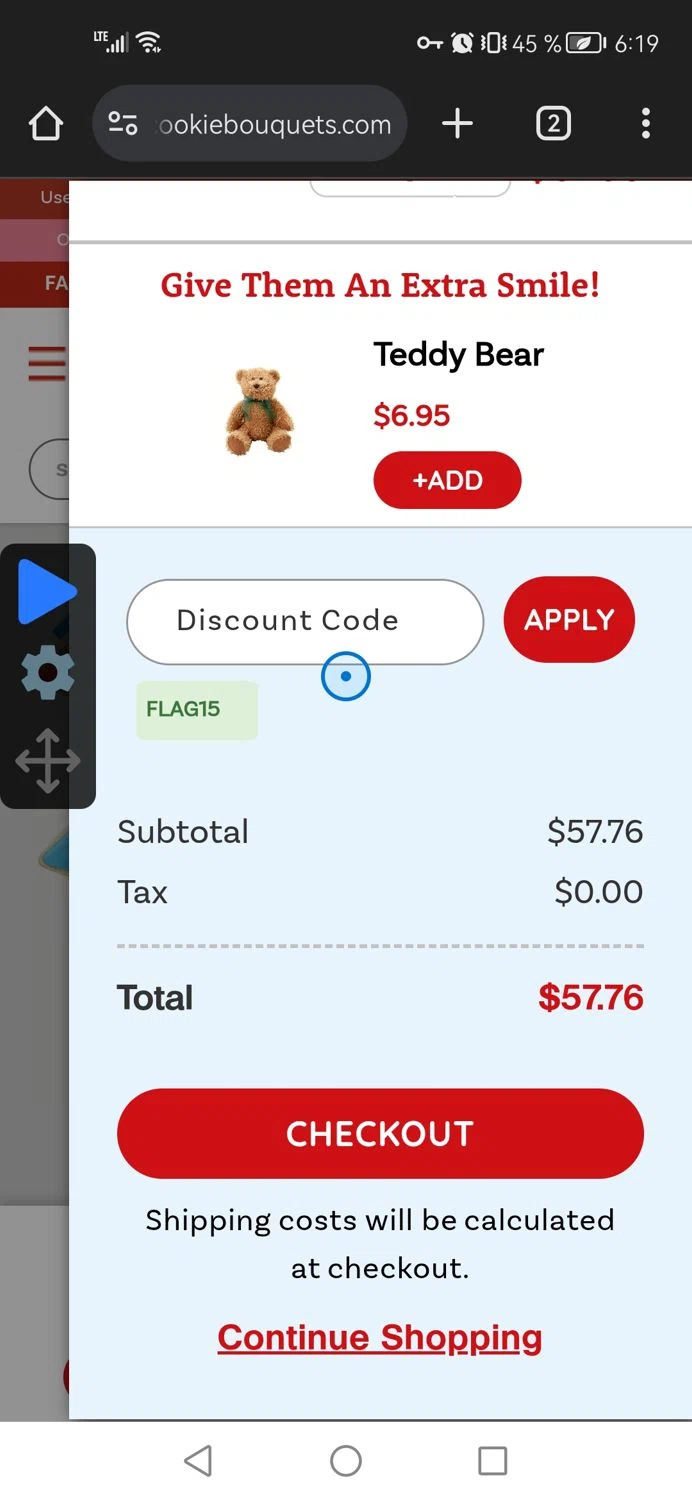 Cookie Bouquets coupon code screenshot showing code flag15 applied at Cookie Bouquets checkout page. Uploaded by SimplyCodes community member OriCarol on Feb 14, 2025