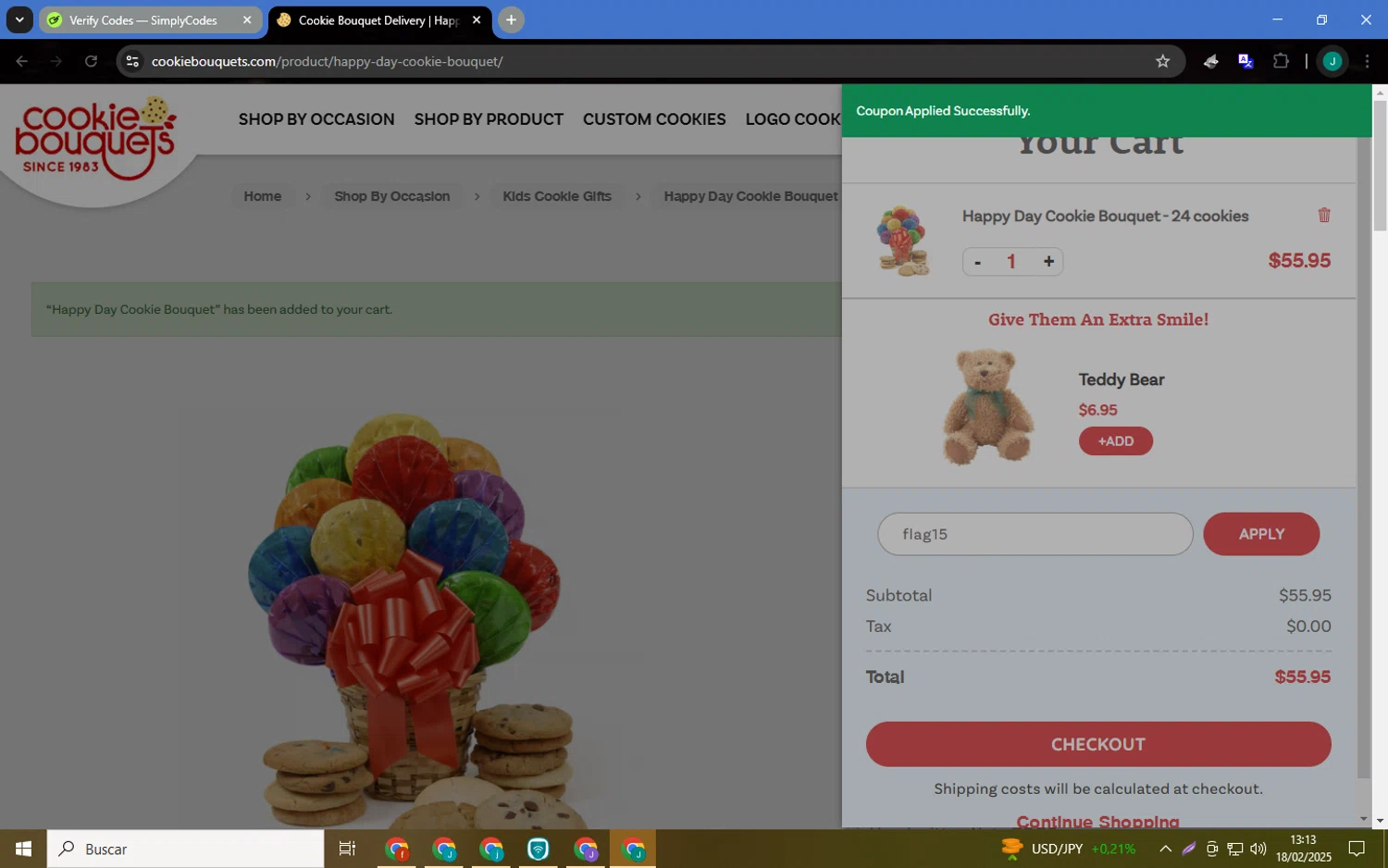 Cookie Bouquets coupon code screenshot showing code flag15 applied at Cookie Bouquets checkout page. Uploaded by SimplyCodes community member MagnificentCaptain7552 on Feb 18, 2025