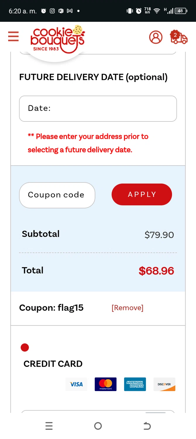 Cookie Bouquets coupon code screenshot showing code flag15 applied at Cookie Bouquets checkout page. Uploaded by SimplyCodes community member TokenAce5969 on Feb 14, 2025