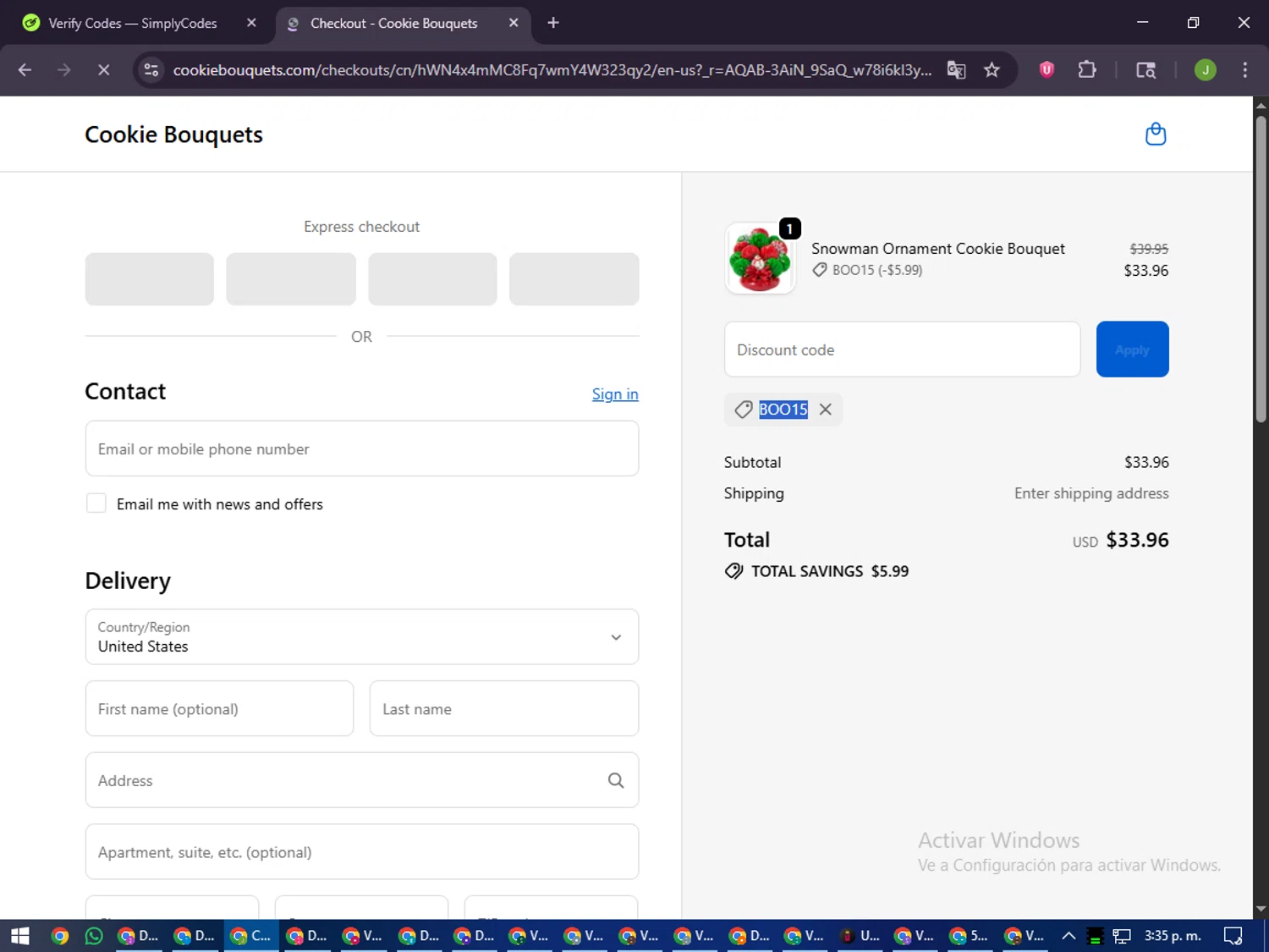 Cookie Bouquets coupon code screenshot showing code BOO15 applied at Cookie Bouquets checkout page. Uploaded by SimplyCodes community member LilBaby on Nov 5, 2025