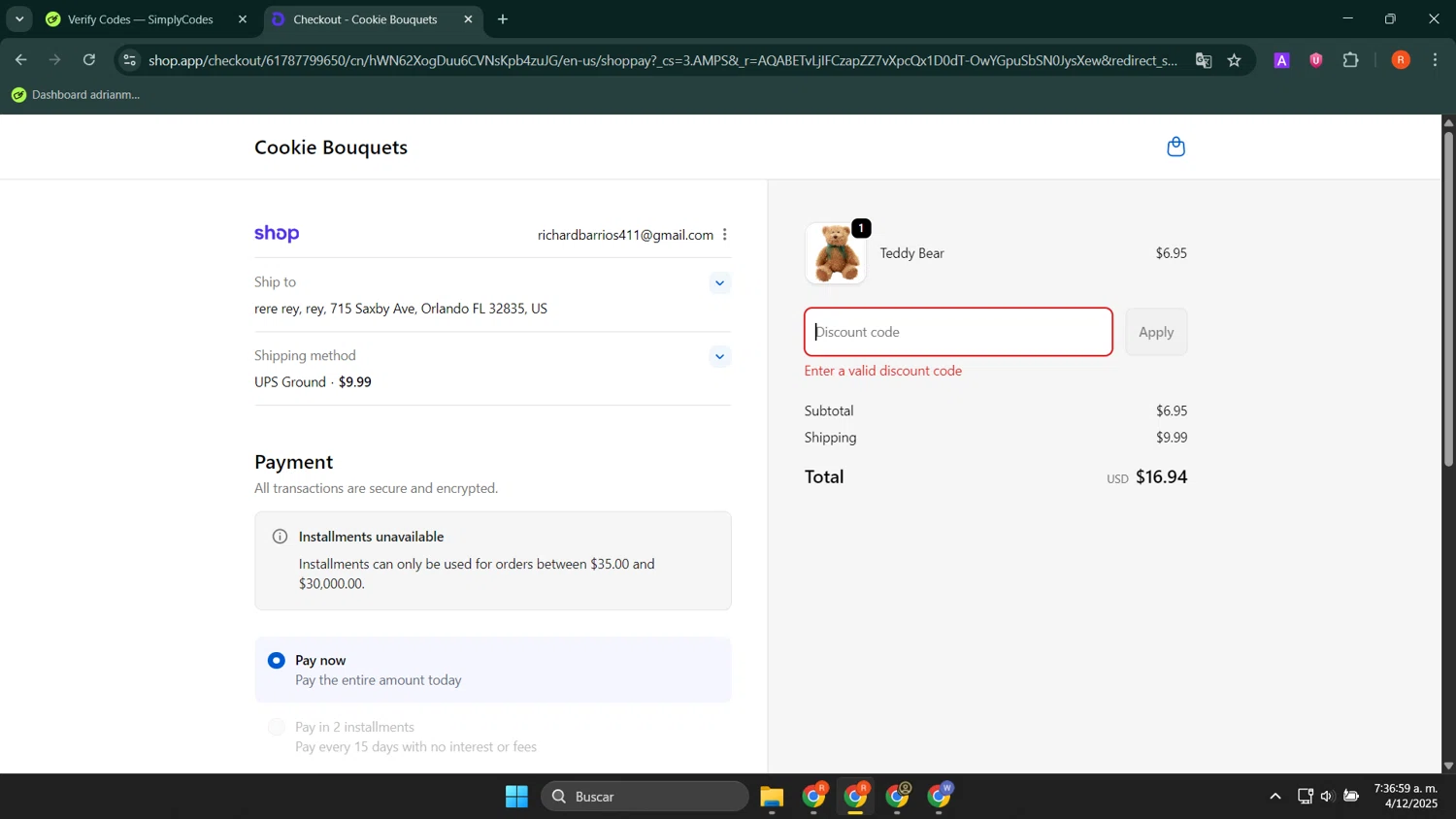 Cookie Bouquets coupon code screenshot showing code BOO15 applied at Cookie Bouquets checkout page. Uploaded by SimplyCodes community member LuckyShopper9694 on Dec 4, 2025