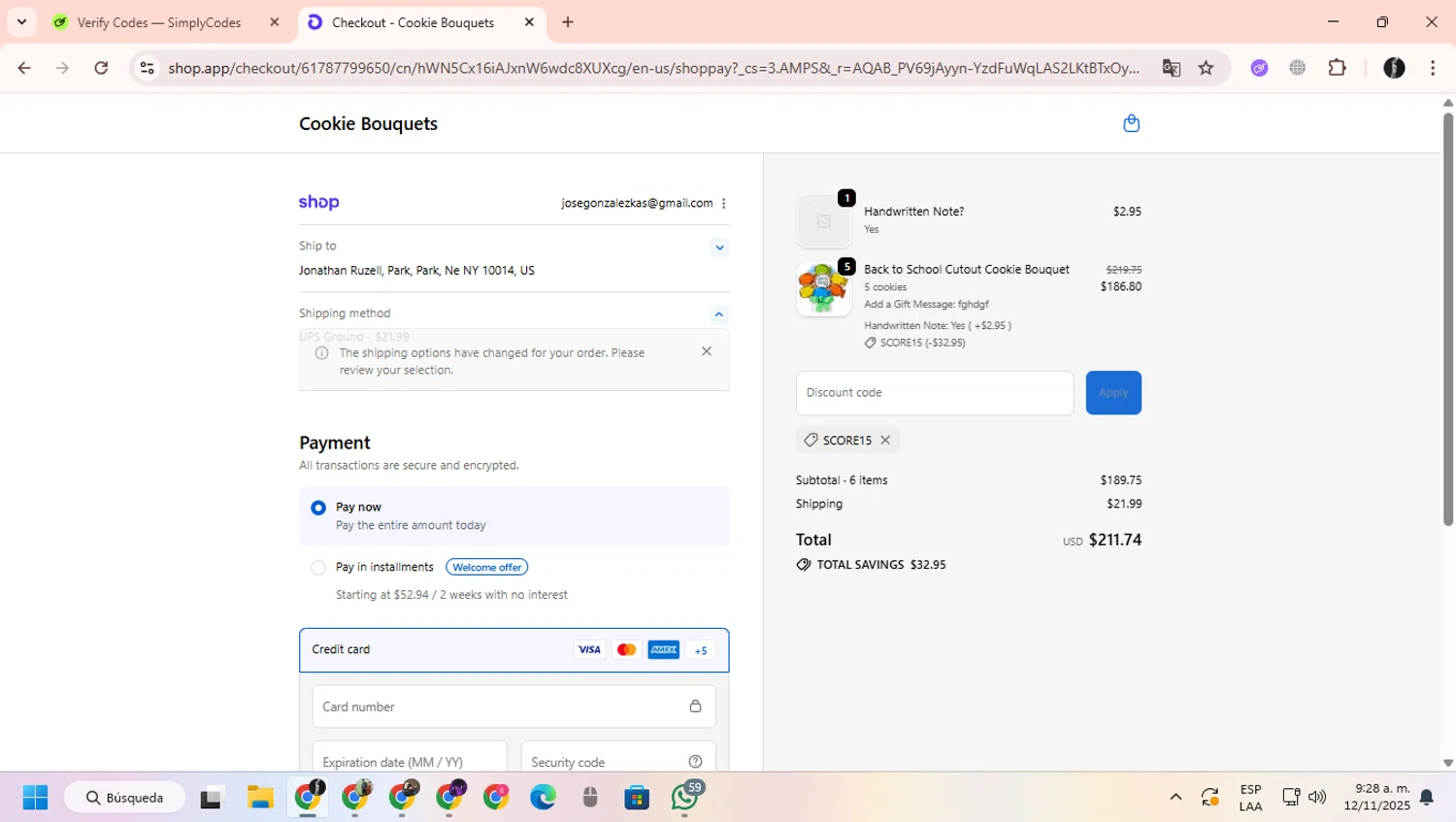 Cookie Bouquets checkout page showing Cookie Bouquets coupon code box | Screenshot taken by SimplyCodes community member on Nov 12, 2025
