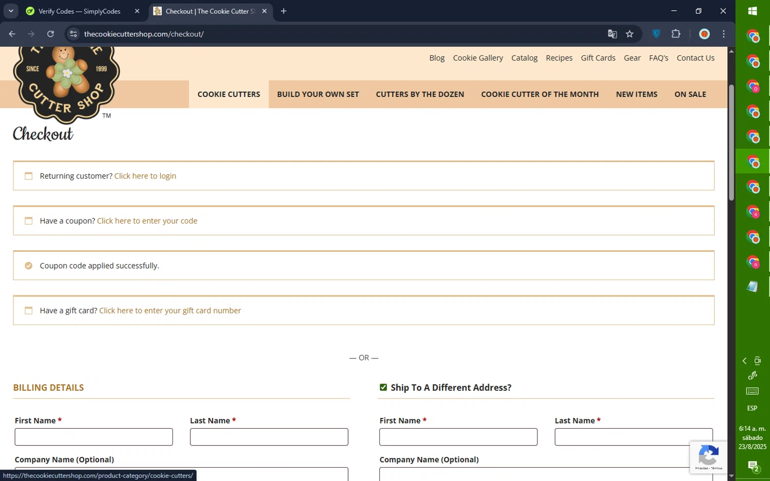 The Cookie Cutter Shop coupon code screenshot showing code sweetsale applied at The Cookie Cutter Shop checkout page. Uploaded by SimplyCodes community member GoldPilot5958 on Aug 23, 2025