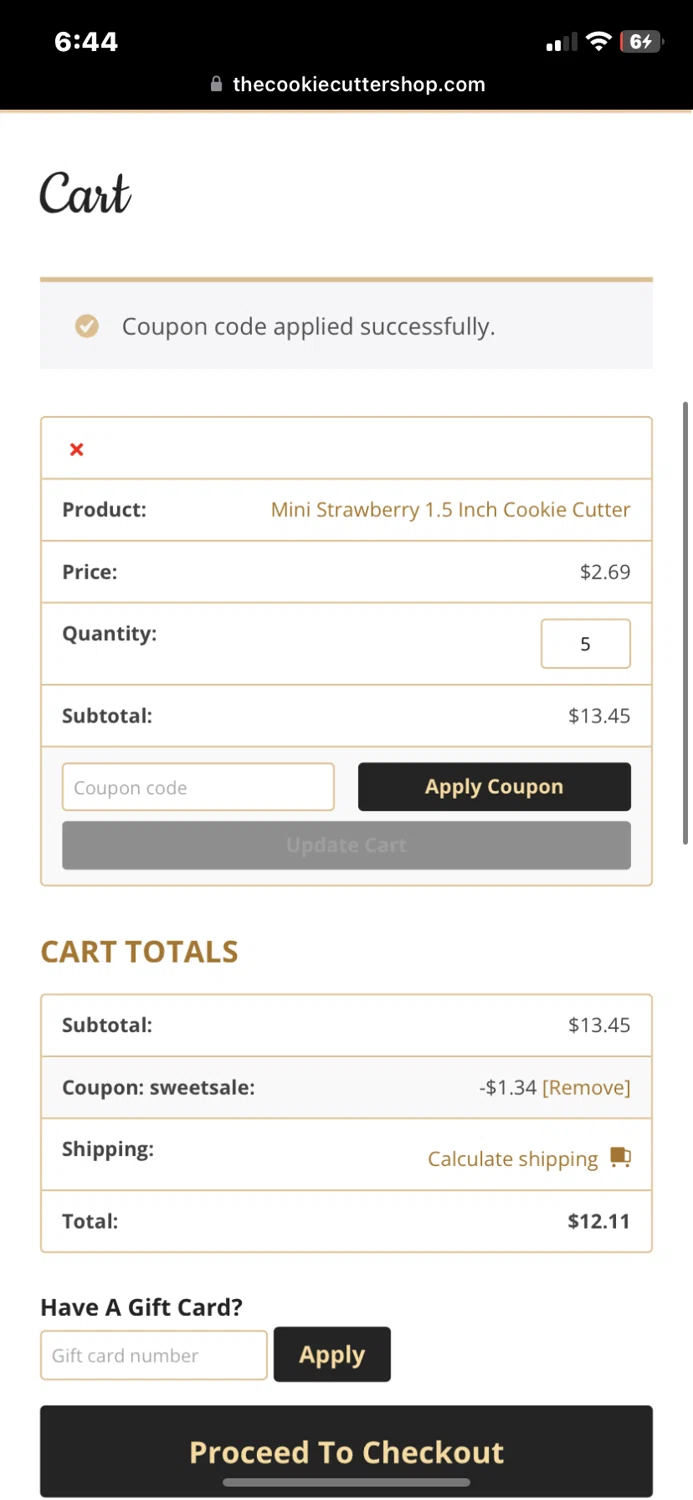 The Cookie Cutter Shop checkout page showing The Cookie Cutter Shop coupon code box | Screenshot taken by SimplyCodes community member on Jan 1, 2024