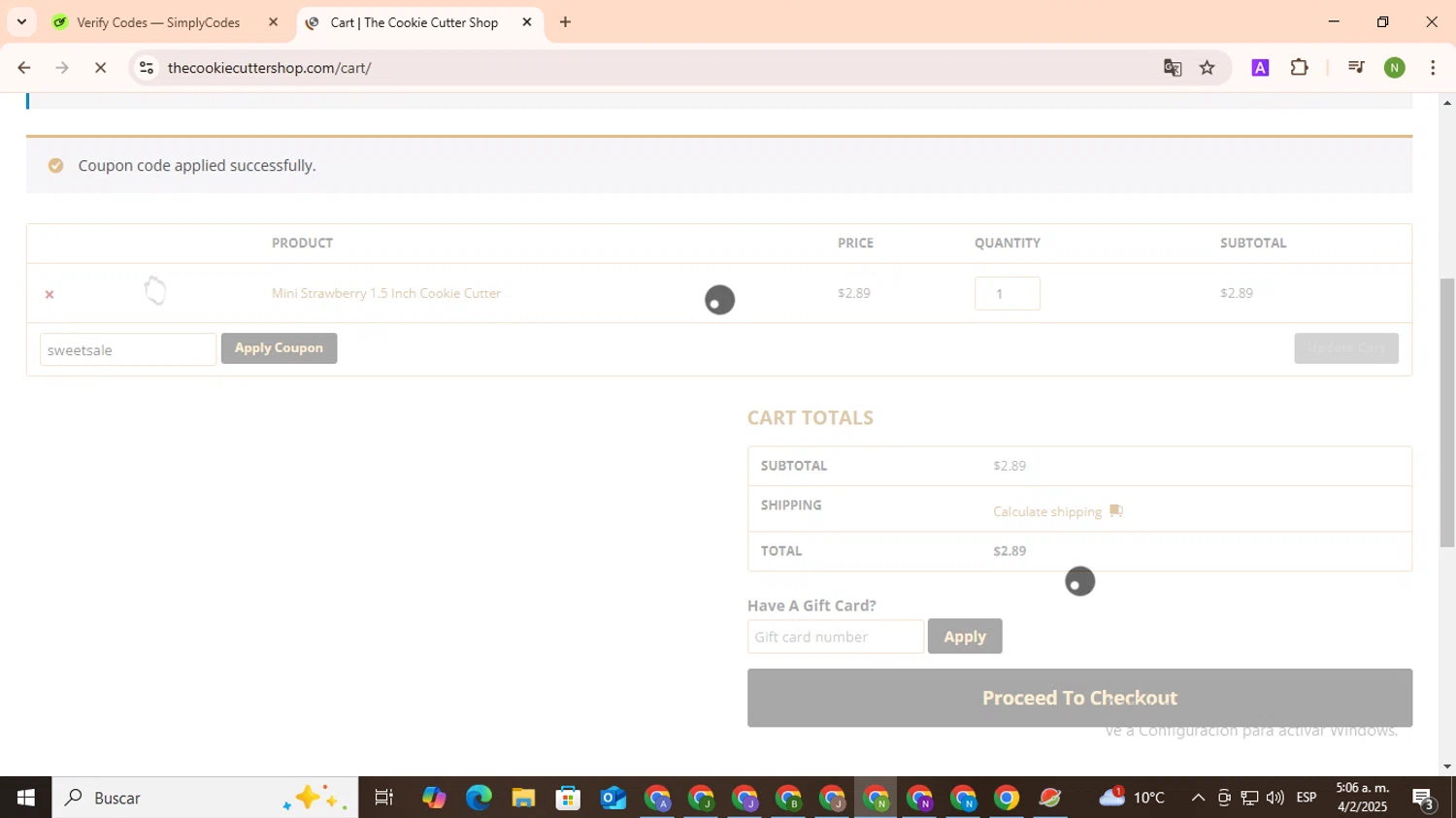 The Cookie Cutter Shop coupon code screenshot showing code sweetsale applied at The Cookie Cutter Shop checkout page. Uploaded by SimplyCodes community member TokenMaverick6956 on Feb 4, 2025