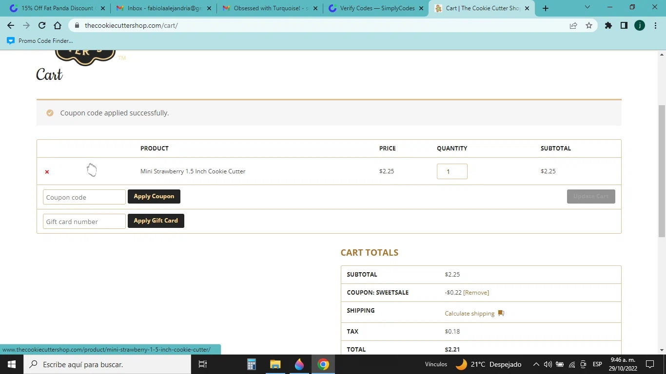 The Cookie Cutter Shop checkout page showing The Cookie Cutter Shop coupon code box | Screenshot taken by SimplyCodes community member on Oct 29, 2022