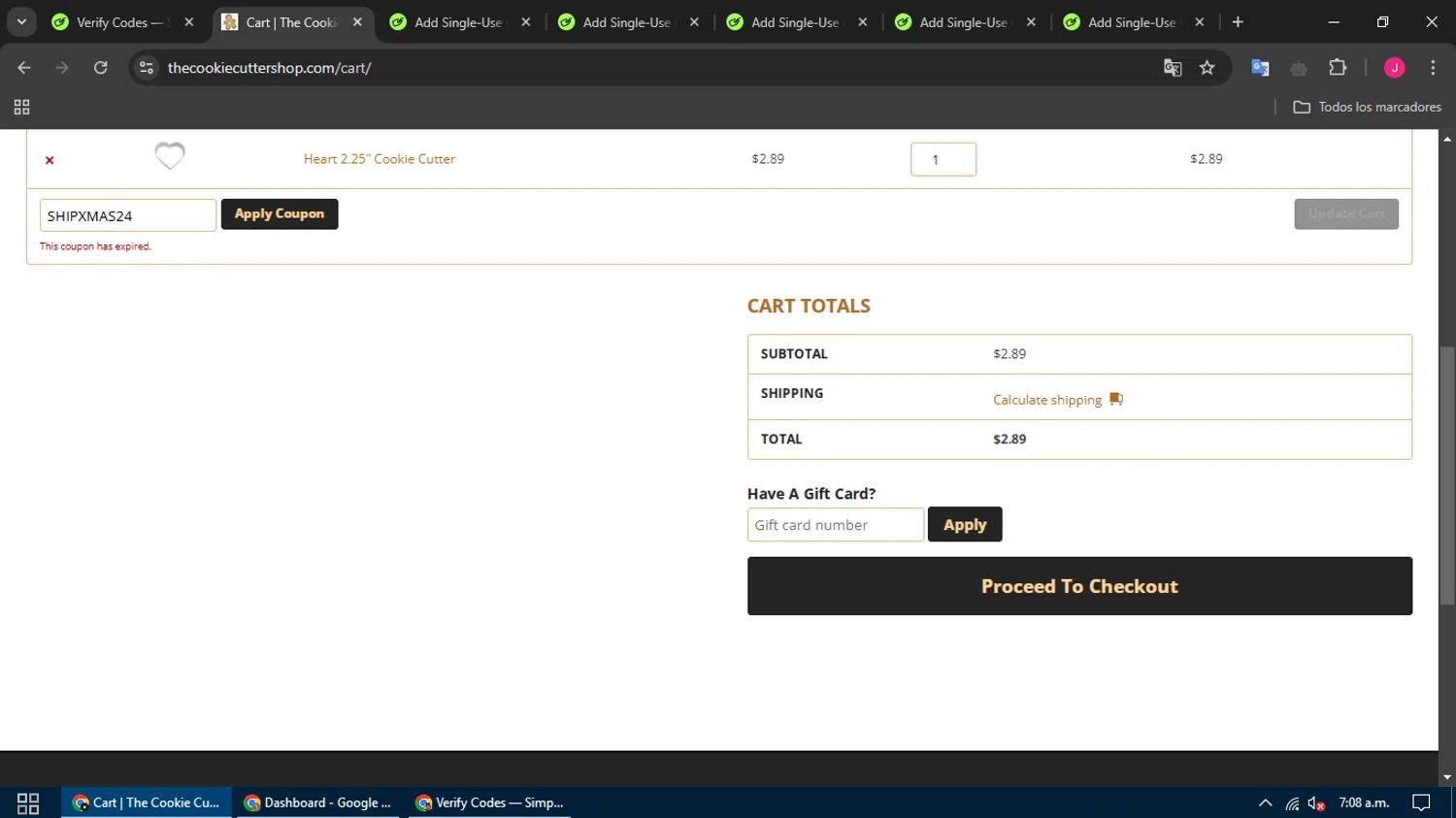 The Cookie Cutter Shop coupon code screenshot showing code SHIPXMAS24 applied at The Cookie Cutter Shop checkout page. Uploaded by SimplyCodes community member RebateFox5962 on Jan 23, 2025