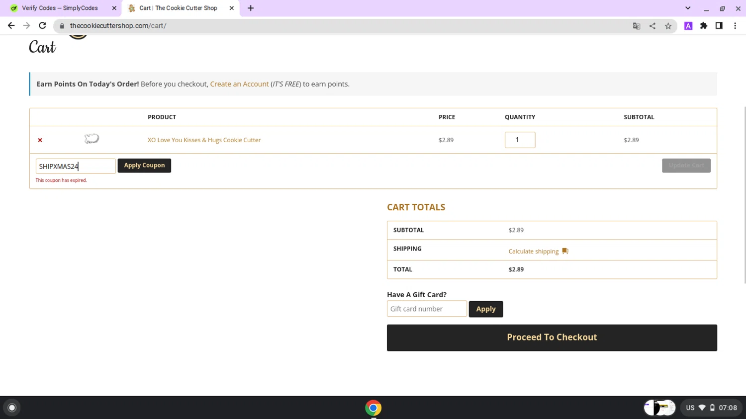 The Cookie Cutter Shop coupon code screenshot showing code SHIPXMAS24 applied at The Cookie Cutter Shop checkout page. Uploaded by SimplyCodes community member lapampita on Jan 23, 2025