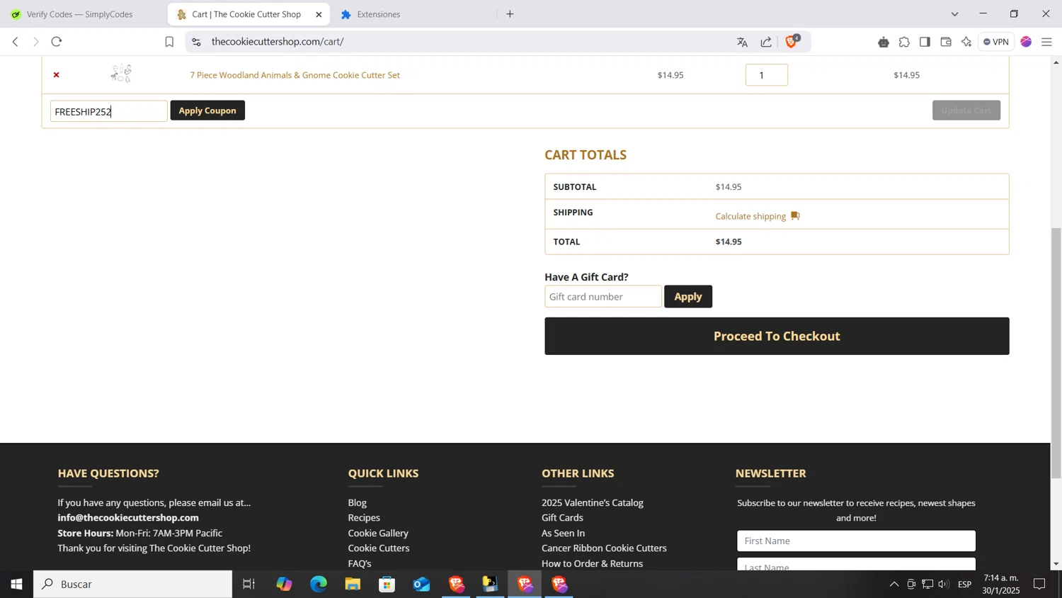The Cookie Cutter Shop coupon code screenshot showing code FREESHIP25 applied at The Cookie Cutter Shop checkout page. Uploaded by SimplyCodes community member AnthonyGTX on Jan 30, 2025