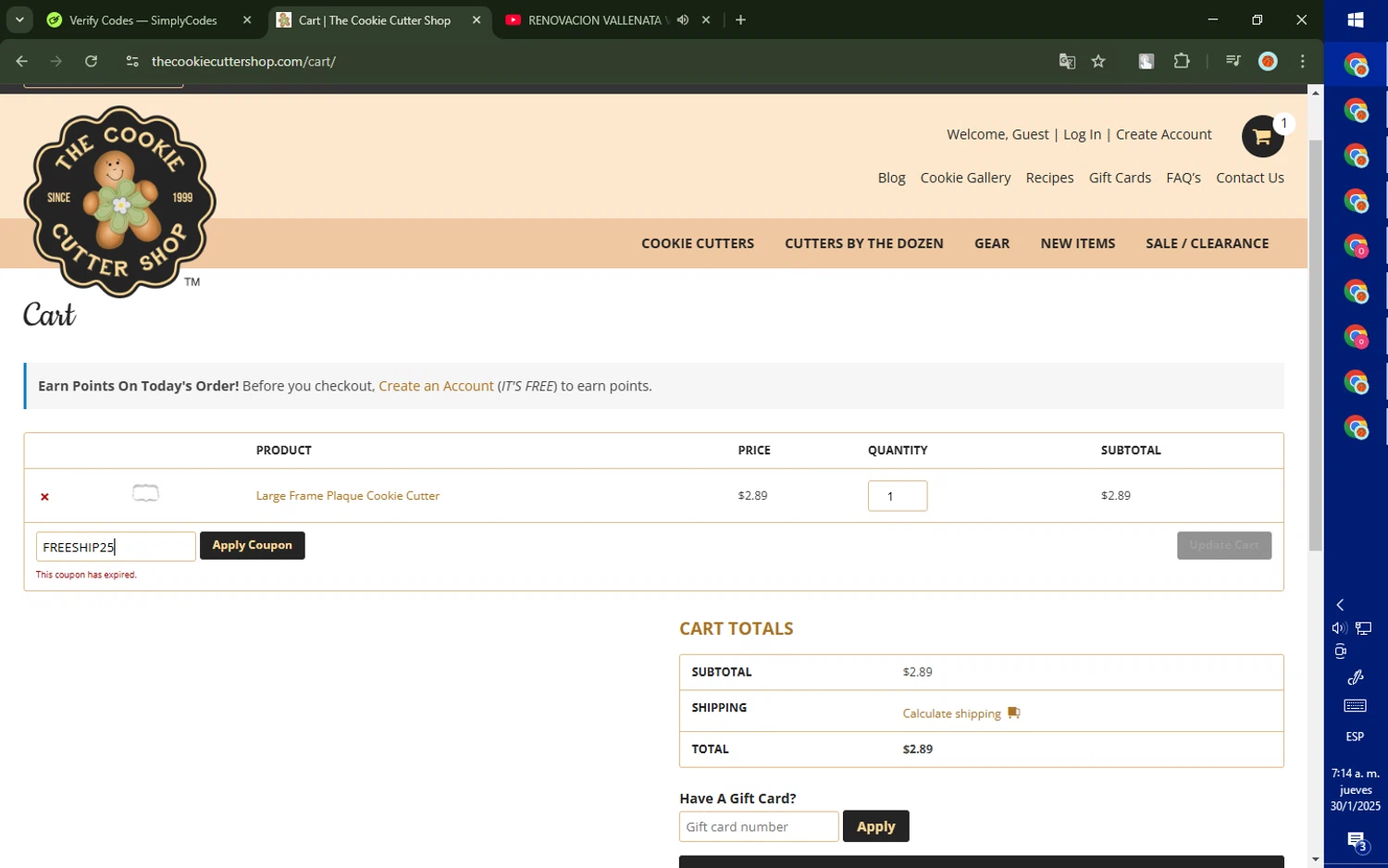 The Cookie Cutter Shop coupon code screenshot showing code FREESHIP25 applied at The Cookie Cutter Shop checkout page. Uploaded by SimplyCodes community member SalePhoenix823 on Jan 30, 2025