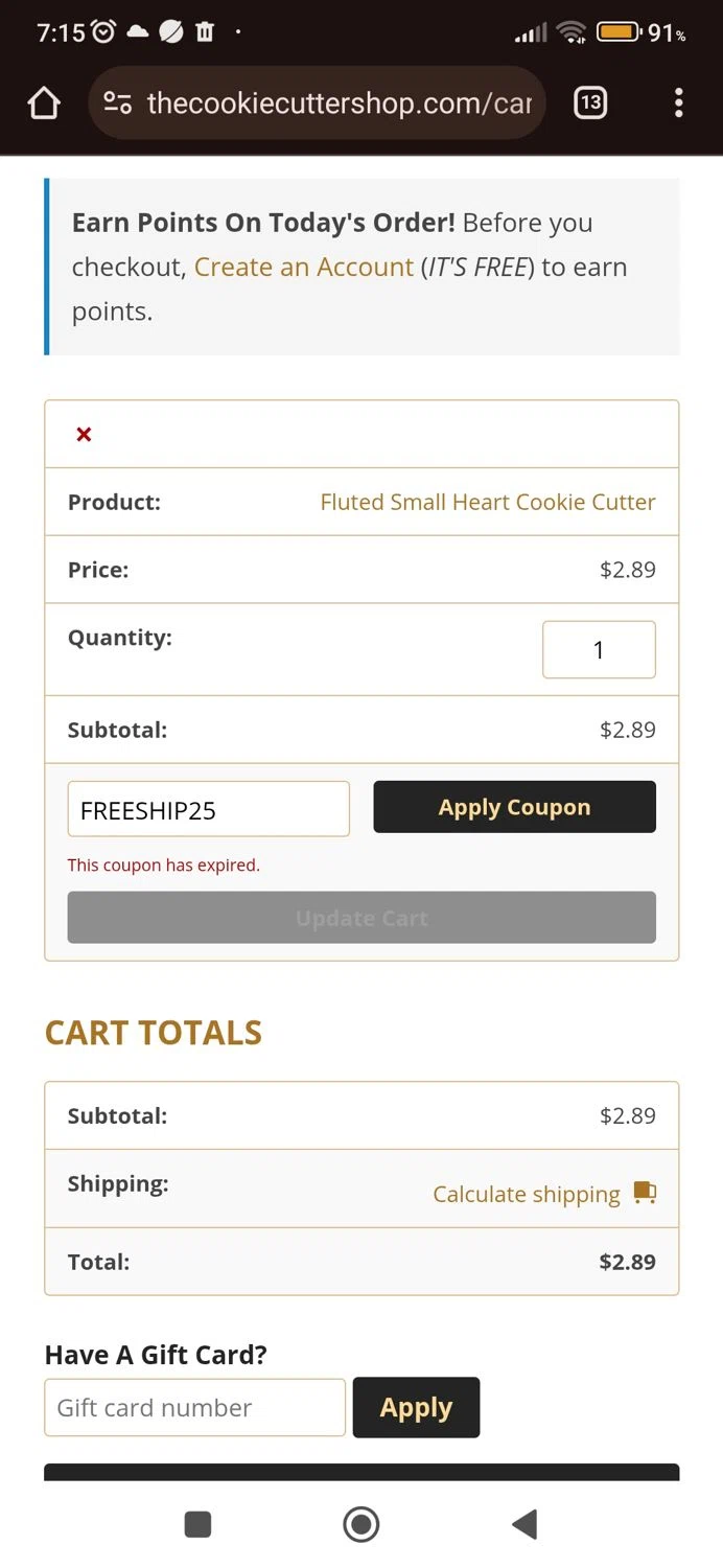 The Cookie Cutter Shop coupon code screenshot showing code FREESHIP25 applied at The Cookie Cutter Shop checkout page. Uploaded by SimplyCodes community member wilfredsaha on Jan 30, 2025
