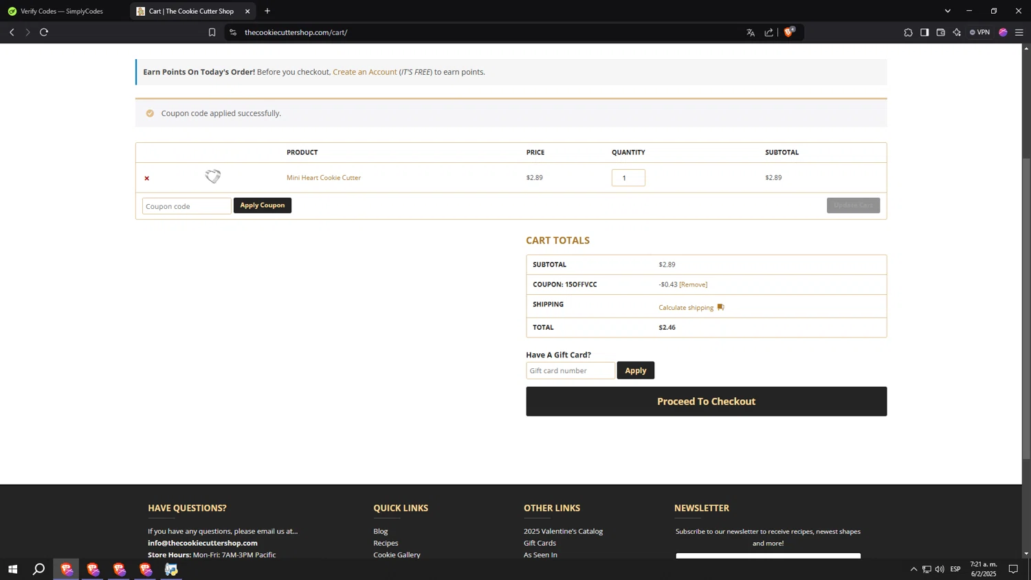 The Cookie Cutter Shop checkout page showing The Cookie Cutter Shop coupon code box | Screenshot taken by SimplyCodes community member on Feb 6, 2025
