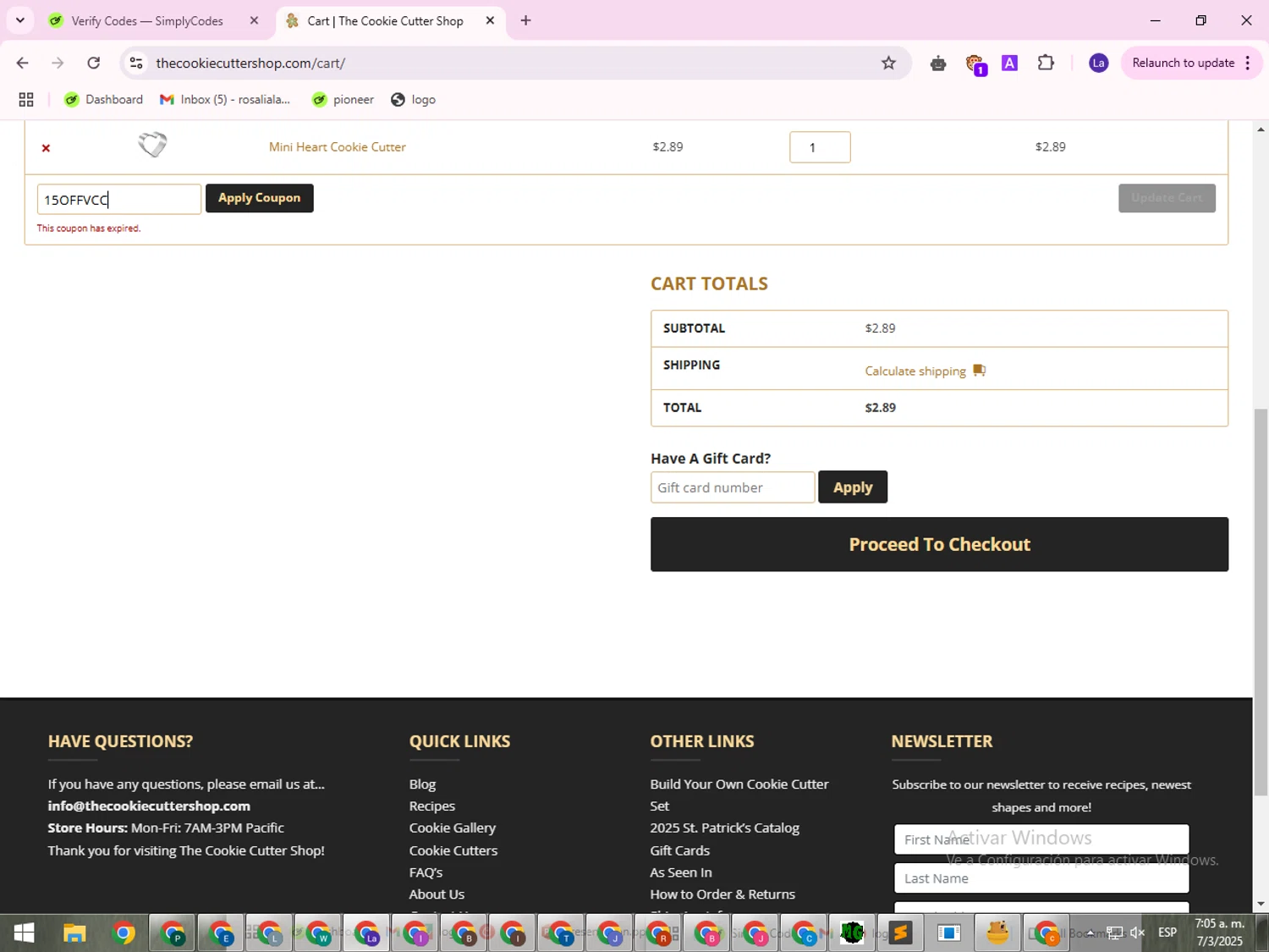 The Cookie Cutter Shop coupon code screenshot showing code 15OFFVCC applied at The Cookie Cutter Shop checkout page. Uploaded by SimplyCodes community member VictoriousSentinel1514 on Mar 7, 2025