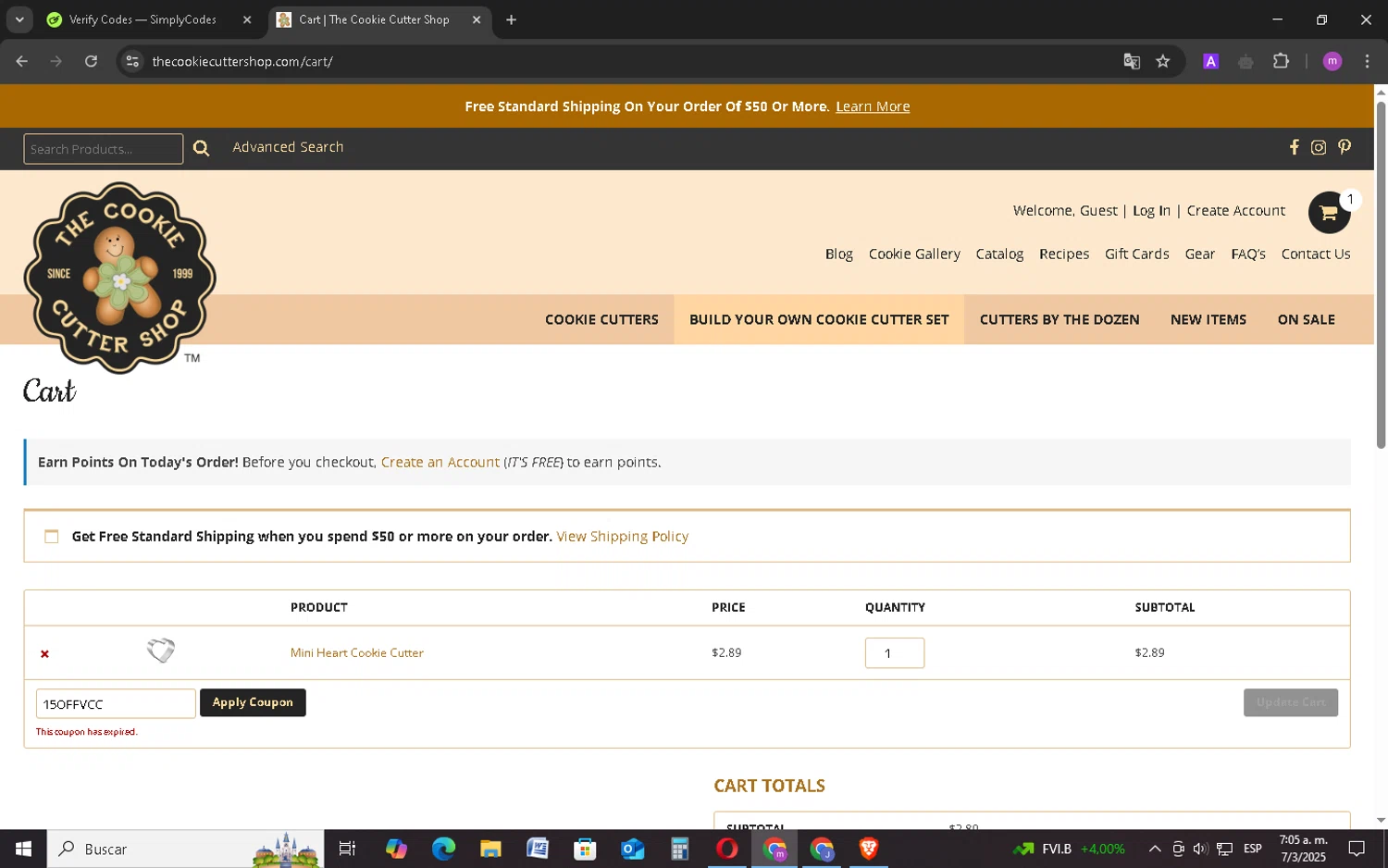 The Cookie Cutter Shop coupon code screenshot showing code 15OFFVCC applied at The Cookie Cutter Shop checkout page. Uploaded by SimplyCodes community member BudgetMonarch8952 on Mar 7, 2025