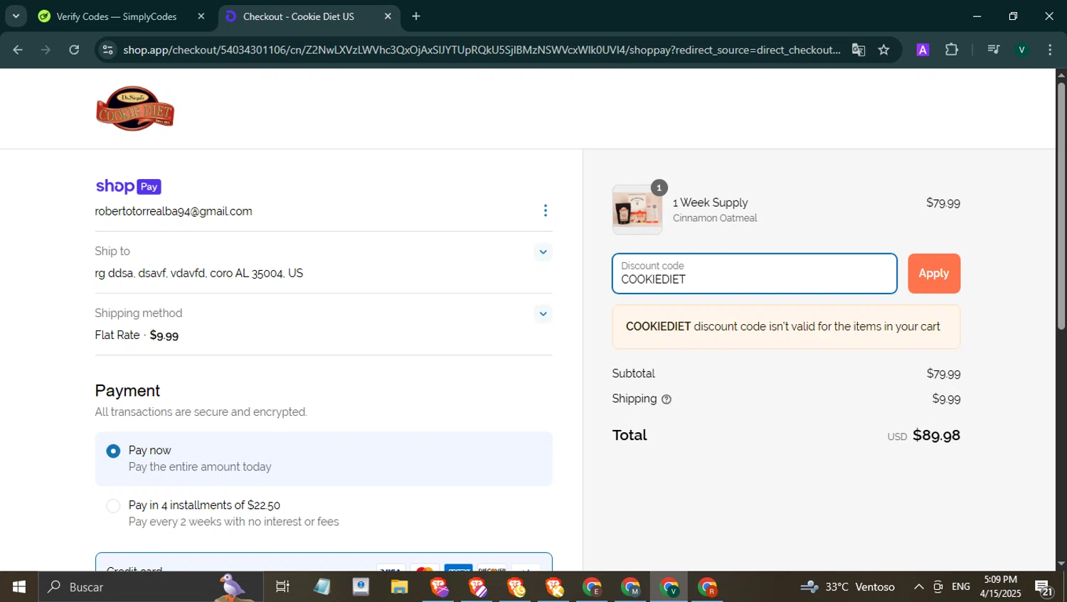 Dr. Siegal's Cookie Diet promo code screenshot showing code COOKIEDIET applied at Dr. Siegal's Cookie Diet checkout page. Uploaded by SimplyCodes community member FrugalHawk8896 on Apr 15, 2025