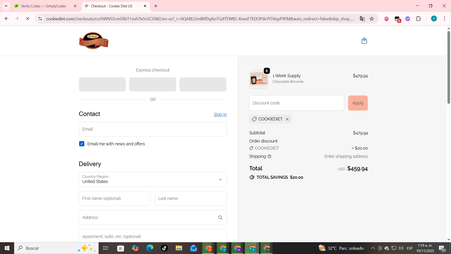 Dr. Siegal's Cookie Diet promo code screenshot showing code COOKIEDIET applied at Dr. Siegal's Cookie Diet checkout page. Uploaded by SimplyCodes community member lyffytaro on Nov 19, 2025