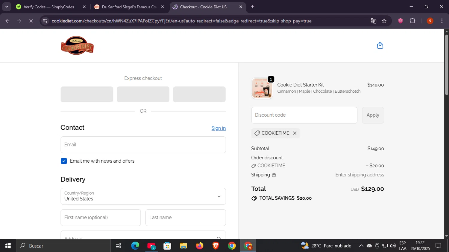 Dr. Siegal's Cookie Diet promo code screenshot showing code COOKIETIME applied at Dr. Siegal's Cookie Diet checkout page. Uploaded by SimplyCodes community member Scottcawthon on Oct 26, 2025