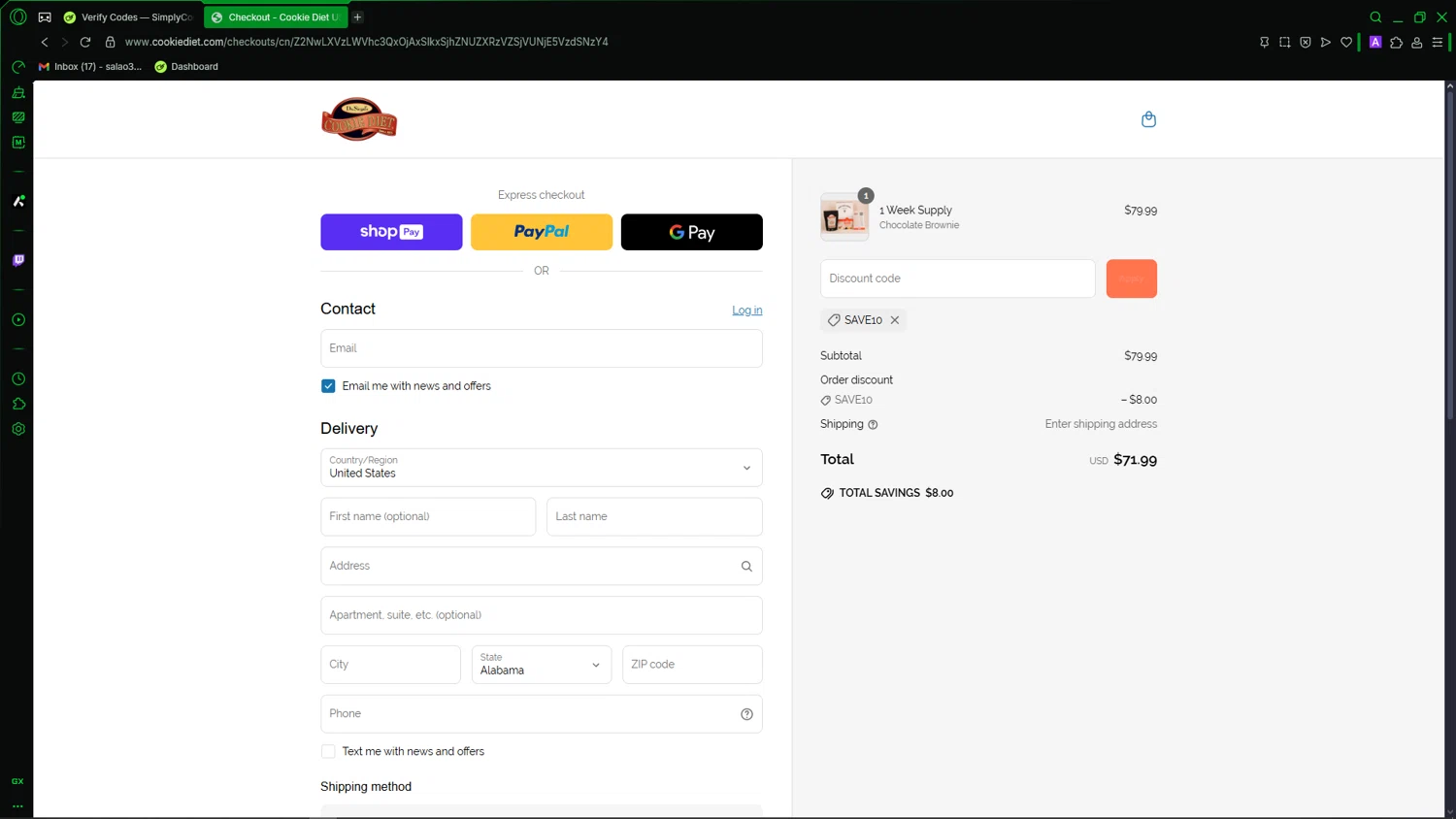 Dr. Siegal's Cookie Diet promo code screenshot showing code SAVE10 applied at Dr. Siegal's Cookie Diet checkout page. Uploaded by SimplyCodes community member LegendaryCaptain2435 on Jun 18, 2025