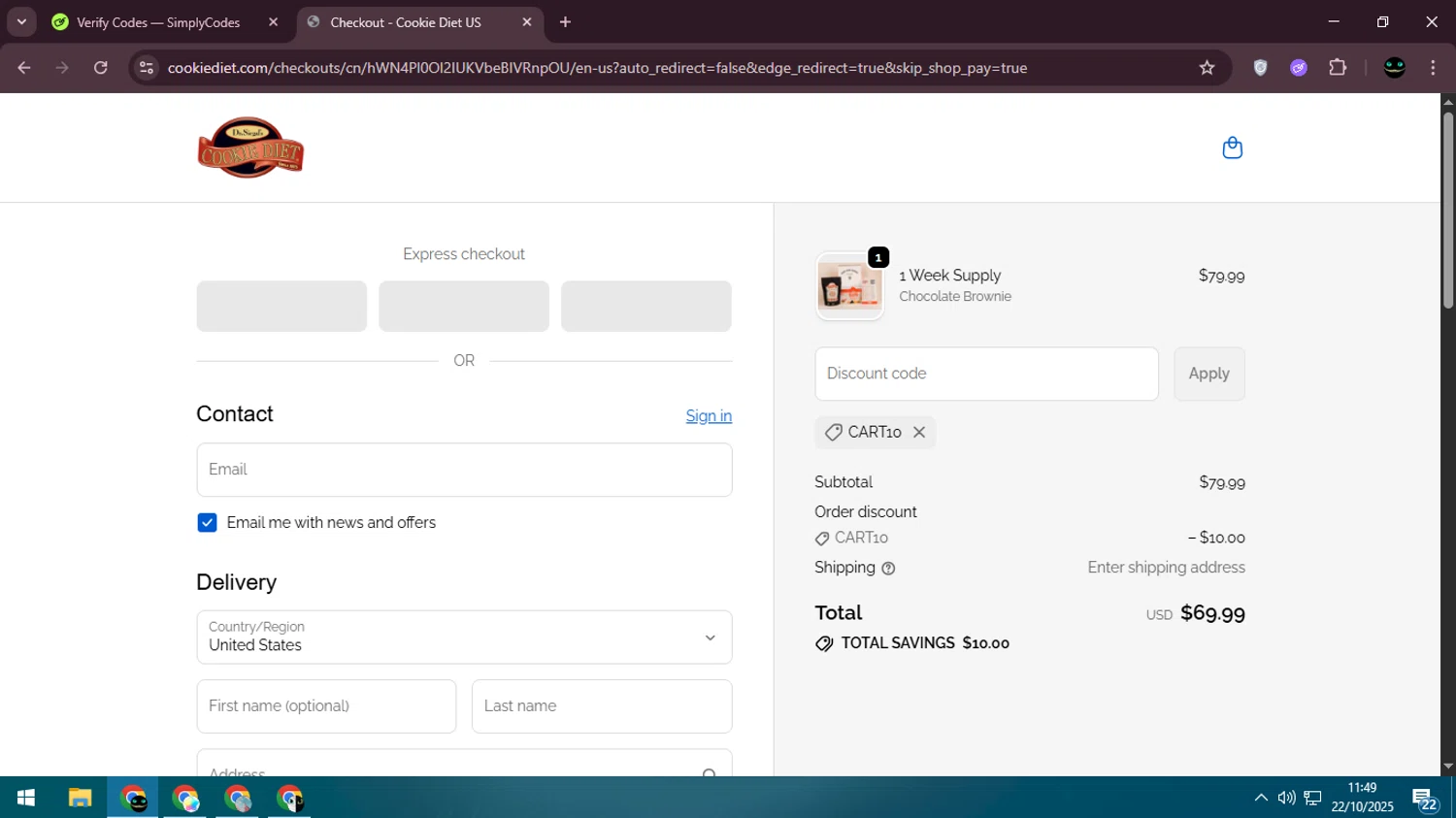 Dr. Siegal's Cookie Diet promo code screenshot showing code CART10 applied at Dr. Siegal's Cookie Diet checkout page. Uploaded by SimplyCodes community member BargainWizard5755 on Oct 22, 2025