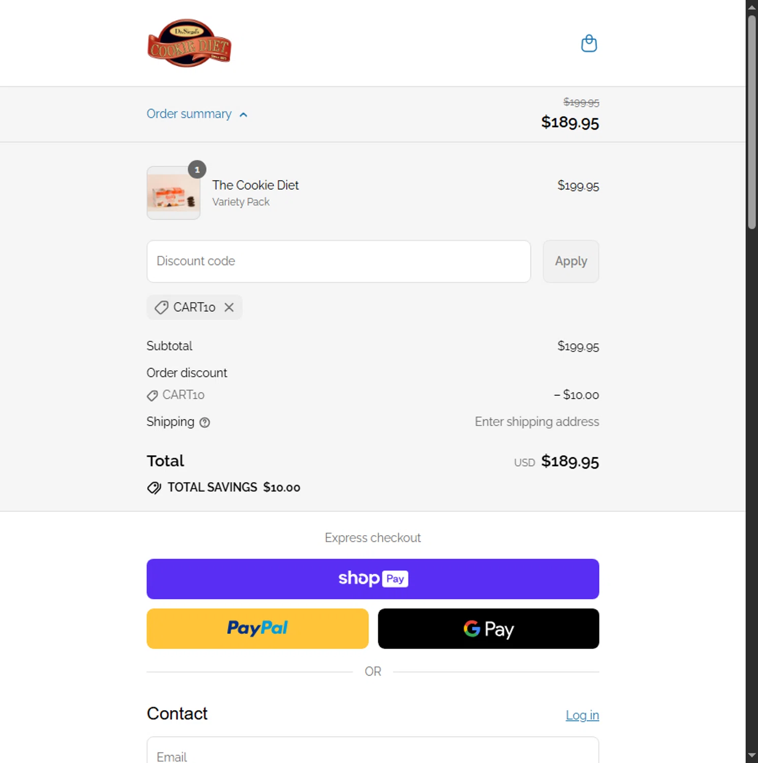 Dr. Siegal's Cookie Diet promo code screenshot showing code CART10 applied at Dr. Siegal's Cookie Diet checkout page. Uploaded by SimplyCodes community member PennyScholar504 on Aug 4, 2025