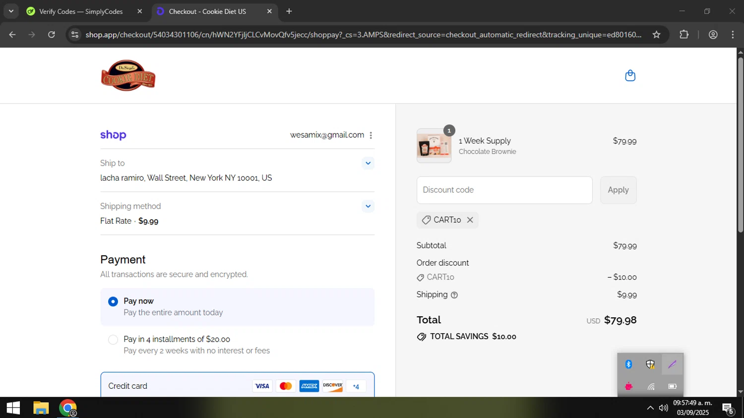 Dr. Siegal's Cookie Diet promo code screenshot showing code CART10 applied at Dr. Siegal's Cookie Diet checkout page. Uploaded by SimplyCodes community member coder_916642691 on Sep 3, 2025
