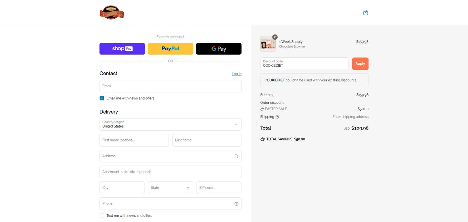 Dr. Siegal's Cookie Diet promo code screenshot showing code COOKIEDIET applied at Dr. Siegal's Cookie Diet checkout page. Uploaded by SimplyCodes community member ivantorres on Apr 15, 2025
