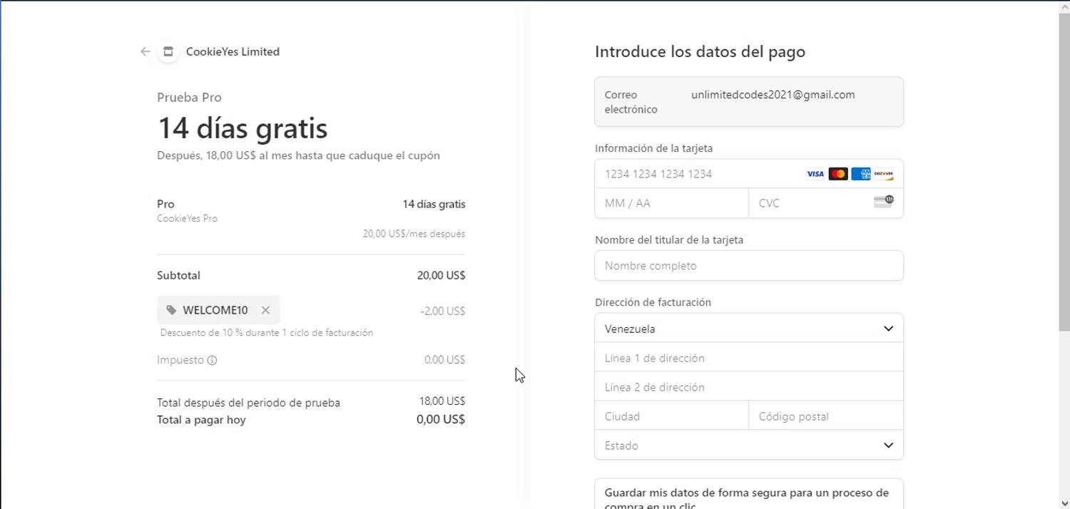 CookieYes checkout page showing CookieYes promo code box | Screenshot taken by SimplyCodes community member on Feb 16, 2024