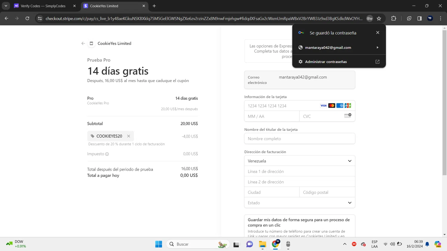 CookieYes checkout page showing CookieYes promo code box | Screenshot taken by SimplyCodes community member on Feb 16, 2024