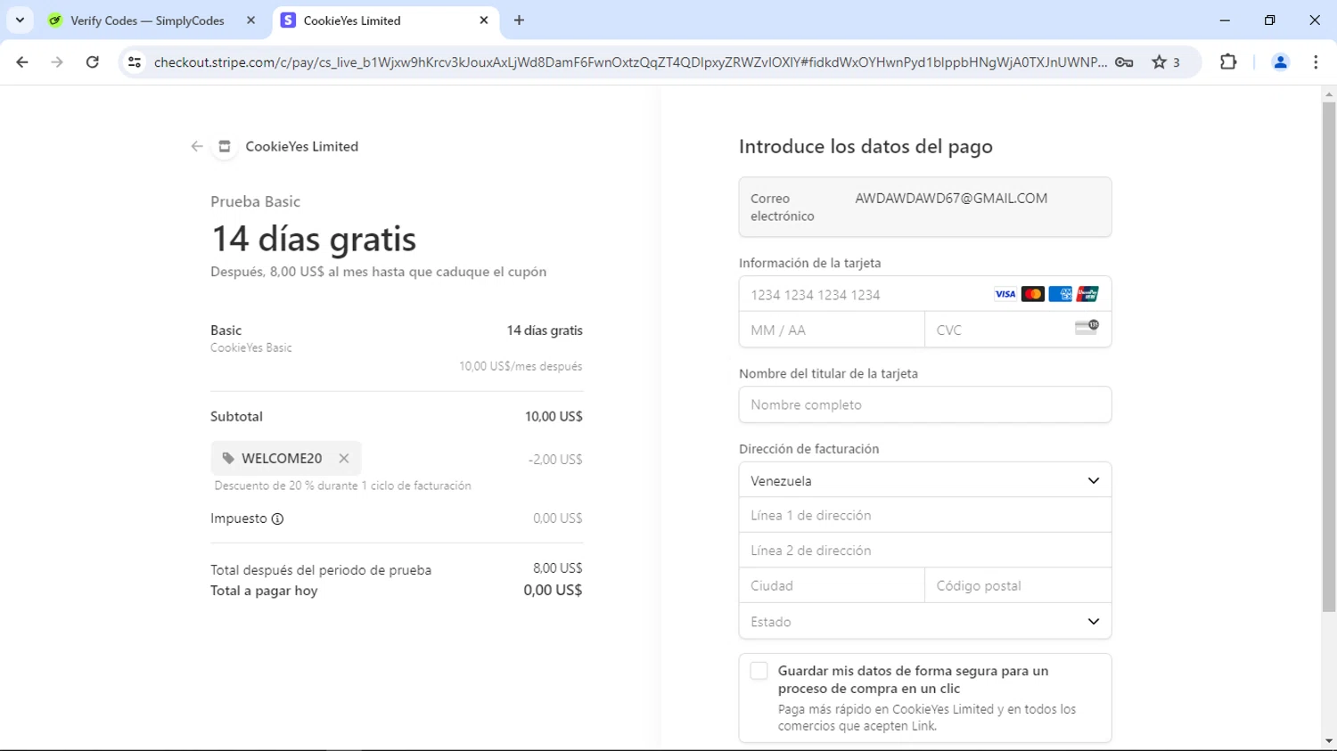 CookieYes checkout page showing CookieYes promo code box | Screenshot taken by SimplyCodes community member on Jun 12, 2024