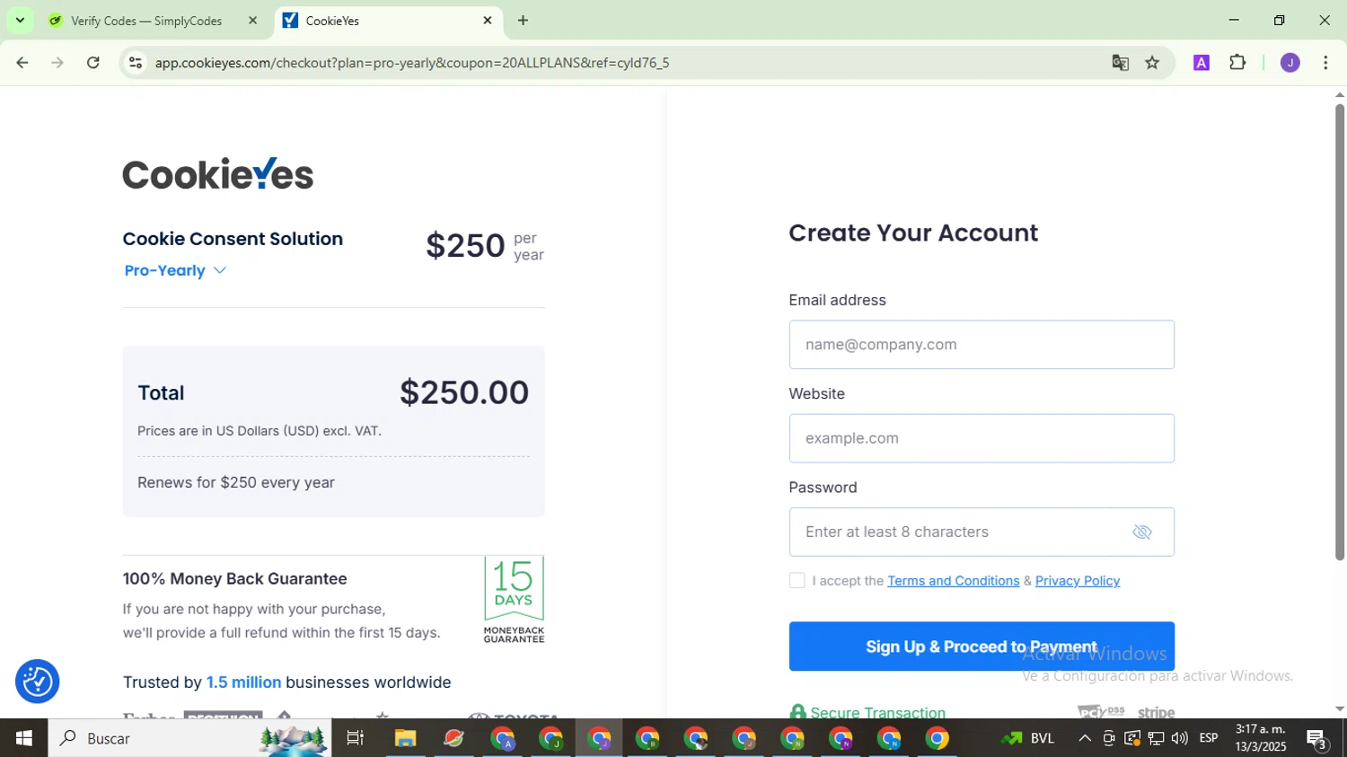 CookieYes promo code screenshot showing code 20ALLPLANS applied at CookieYes checkout page. Uploaded by SimplyCodes community member PromoHunter9043 on Mar 13, 2025