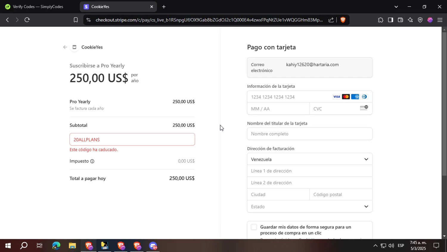 CookieYes promo code screenshot showing code 20ALLPLANS applied at CookieYes checkout page. Uploaded by SimplyCodes community member FrugalFalcon7577 on Mar 5, 2025