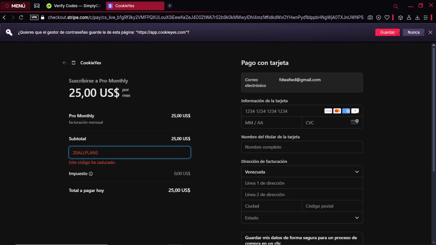 CookieYes promo code screenshot showing code 20ALLPLANS applied at CookieYes checkout page. Uploaded by SimplyCodes community member SwiftSleuth1271 on Mar 20, 2025