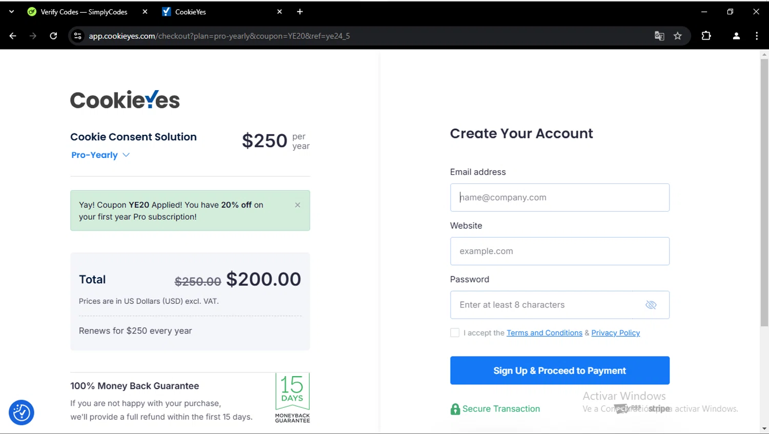 CookieYes checkout page showing CookieYes promo code box | Screenshot taken by SimplyCodes community member on Dec 26, 2024