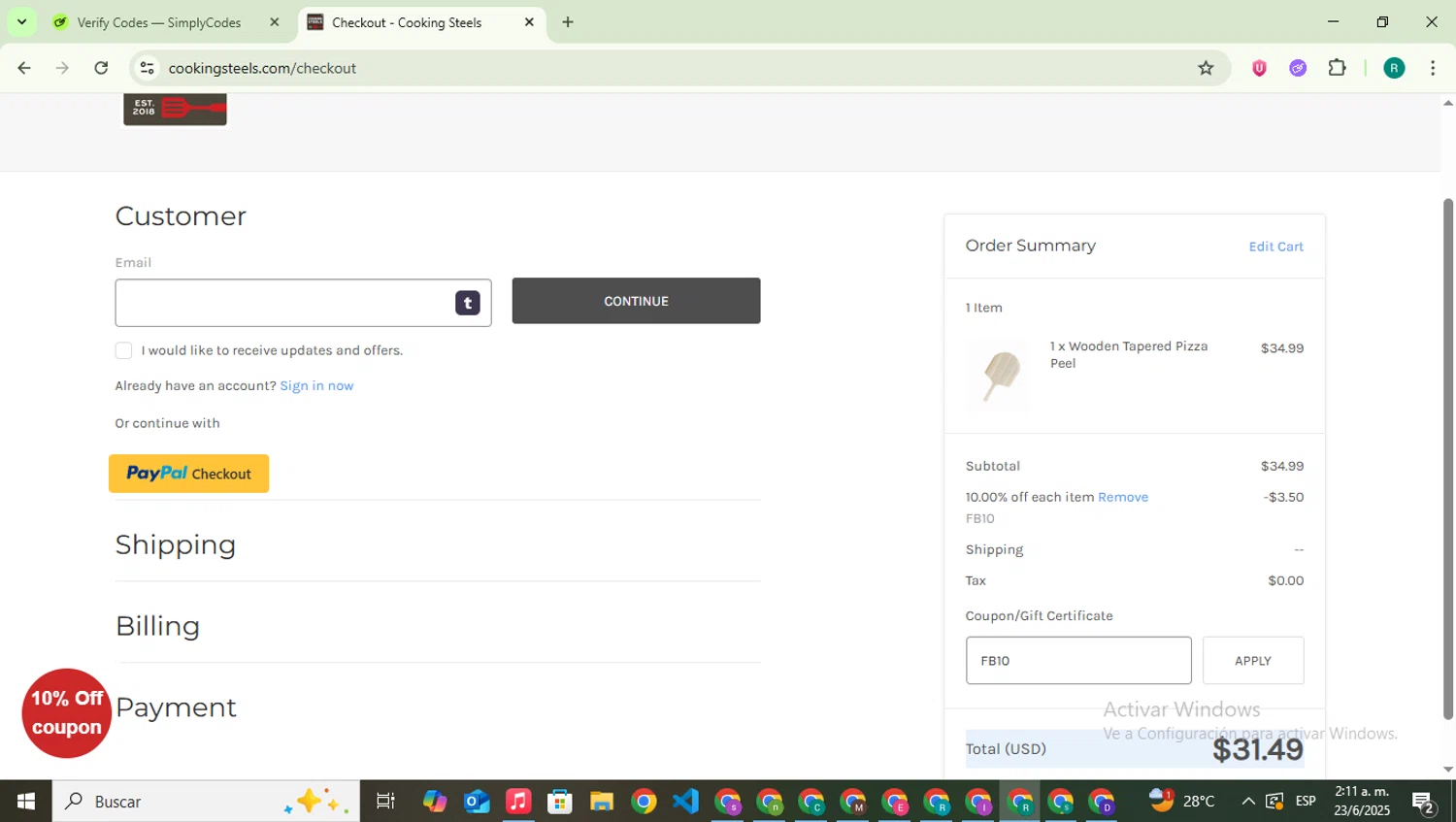 Cooking Steels coupon code screenshot showing code FB10 applied at Cooking Steels checkout page. Uploaded by SimplyCodes community member SavingsLegend387 on Jun 23, 2025
