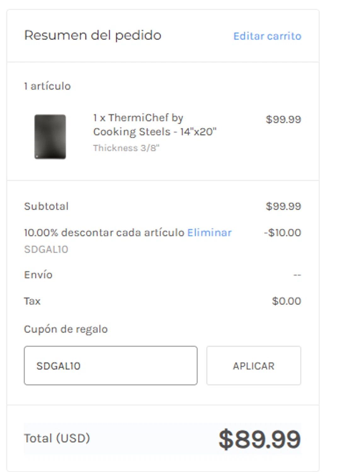 Cooking Steels coupon code screenshot showing code SDGAL10 applied at Cooking Steels checkout page. Uploaded by SimplyCodes community member _Flash_ on Aug 5, 2025