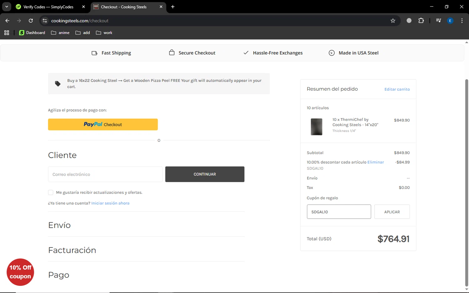 Cooking Steels coupon code screenshot showing code SDGAL10 applied at Cooking Steels checkout page. Uploaded by SimplyCodes community member MoneyGenius452 on Sep 3, 2025