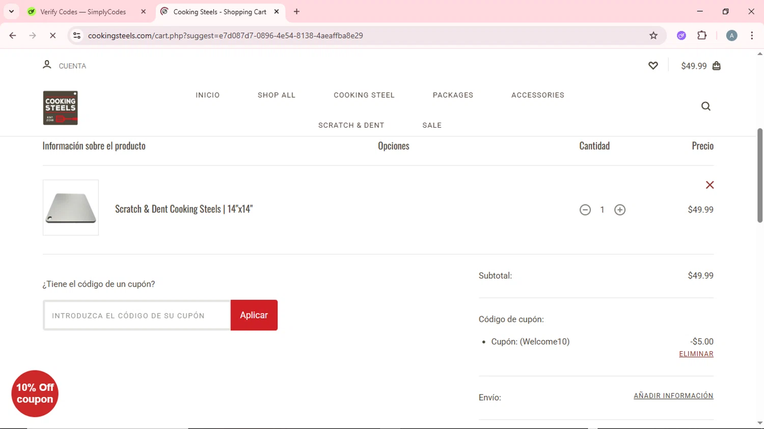 Cooking Steels coupon code screenshot showing code WELCOME10 applied at Cooking Steels checkout page. Uploaded by SimplyCodes community member CrownSpotter6947 on Dec 25, 2025