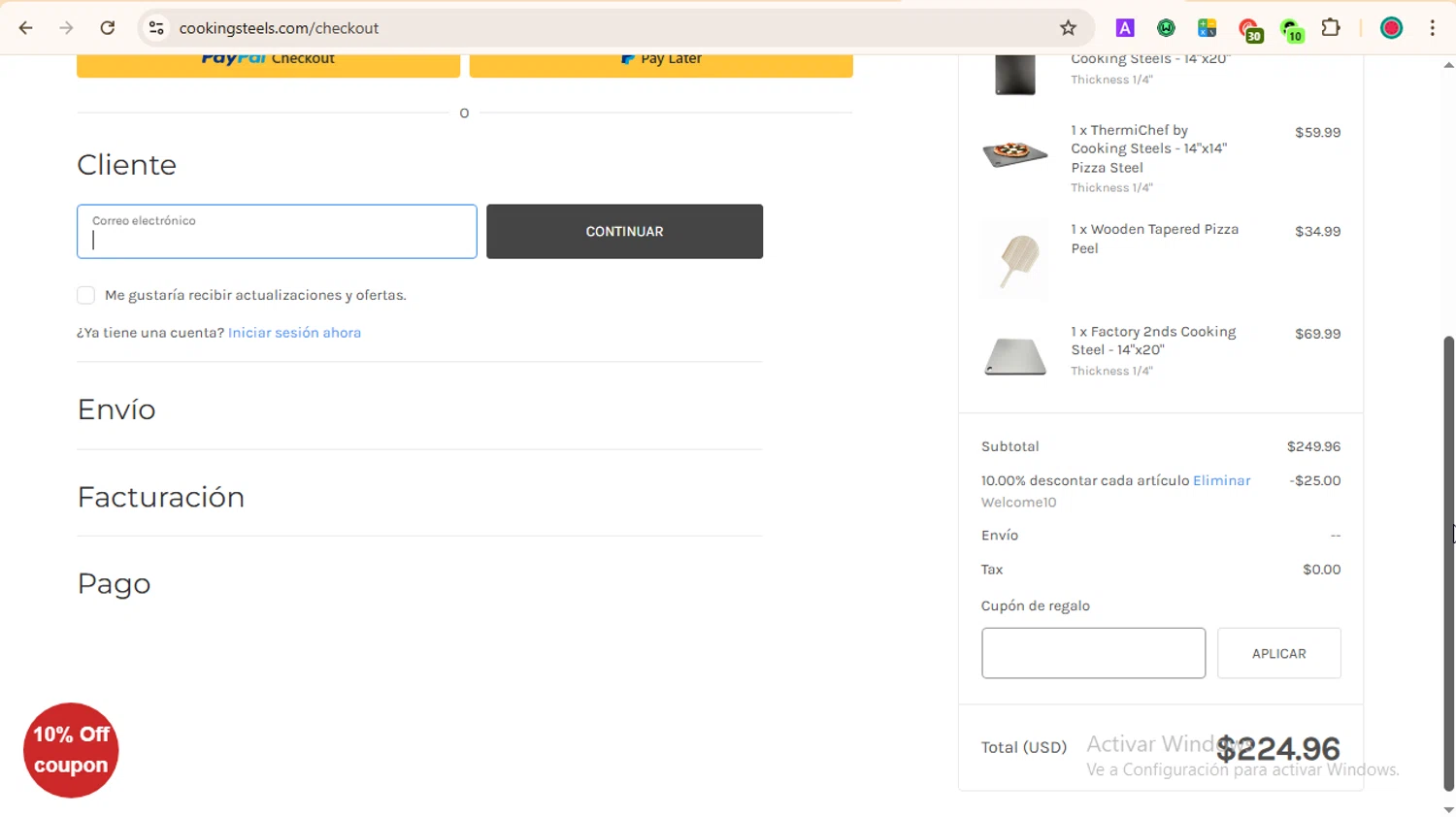 Cooking Steels coupon code screenshot showing code WELCOME10 applied at Cooking Steels checkout page. Uploaded by SimplyCodes community member LOVECOUPON on Aug 31, 2025