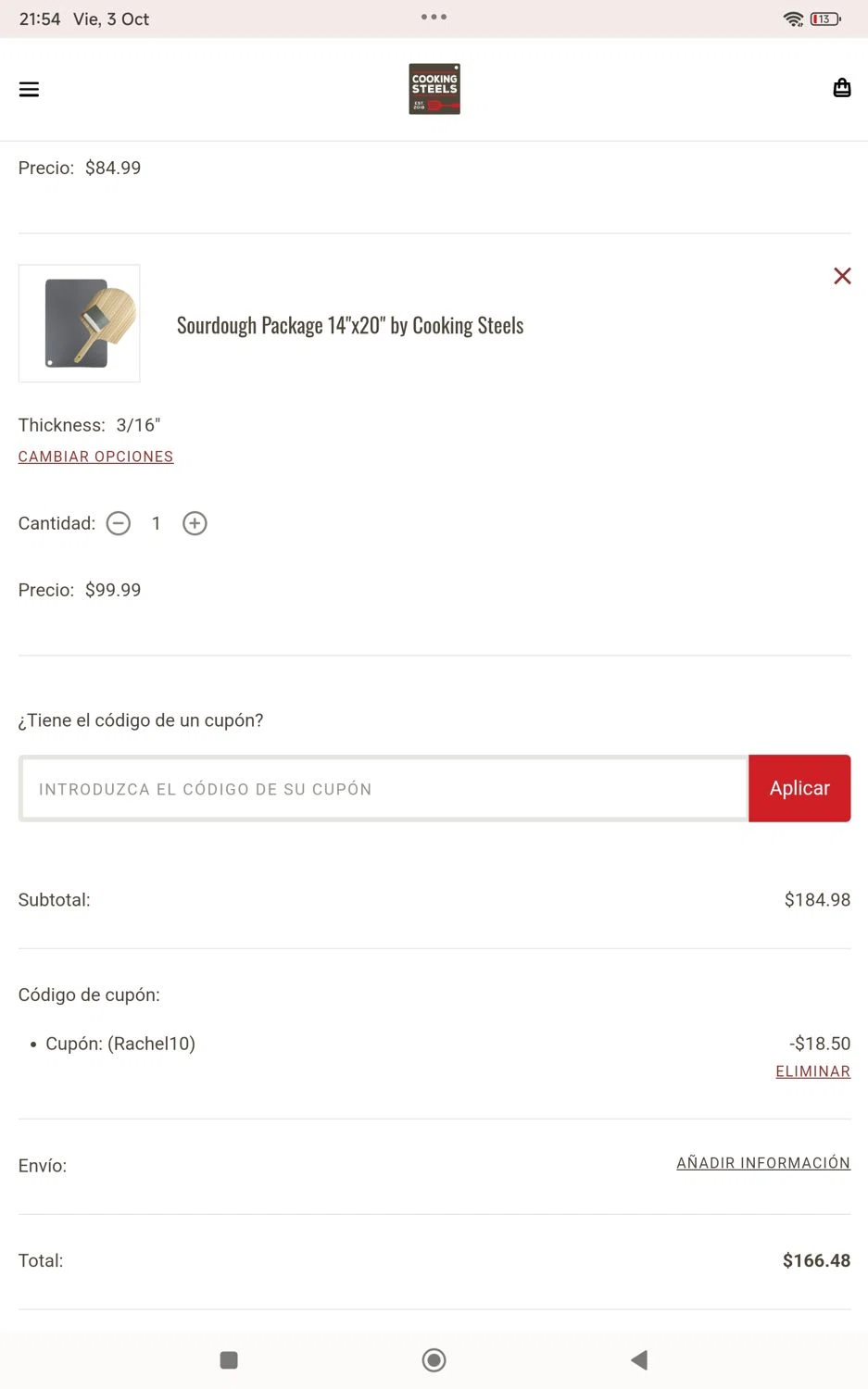 Cooking Steels coupon code screenshot showing code Rachel10 applied at Cooking Steels checkout page. Uploaded by SimplyCodes community member KarinaHZ on Oct 4, 2025