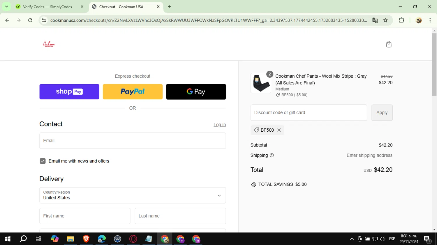 Cookman USA checkout page showing Cookman USA discount code box | Screenshot taken by SimplyCodes community member on Nov 29, 2024