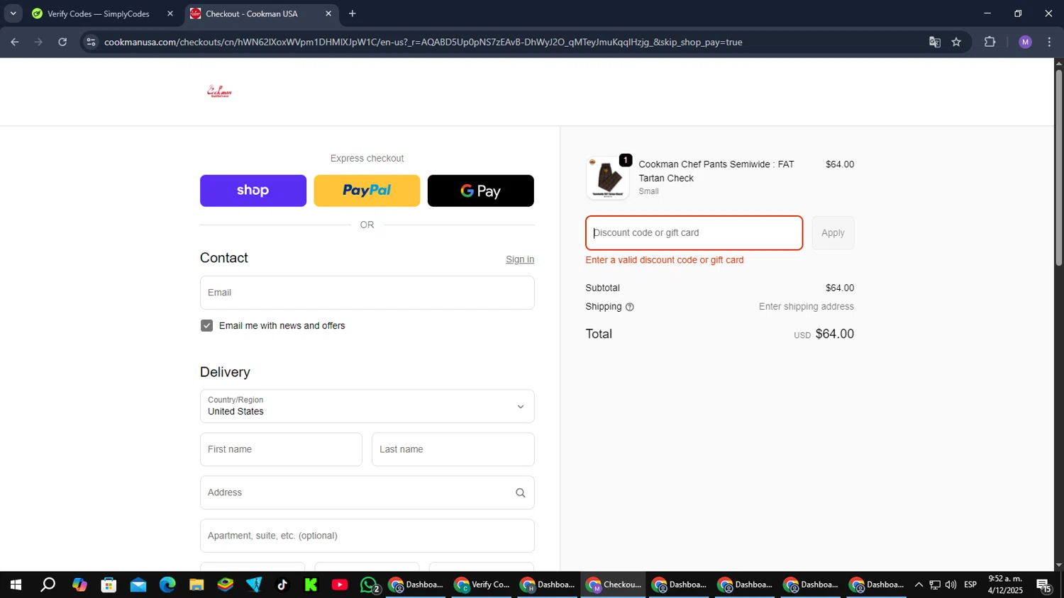 Cookman USA discount code screenshot showing code sale25 applied at Cookman USA checkout page. Uploaded by SimplyCodes community member CouponGuardian8137 on Dec 4, 2025